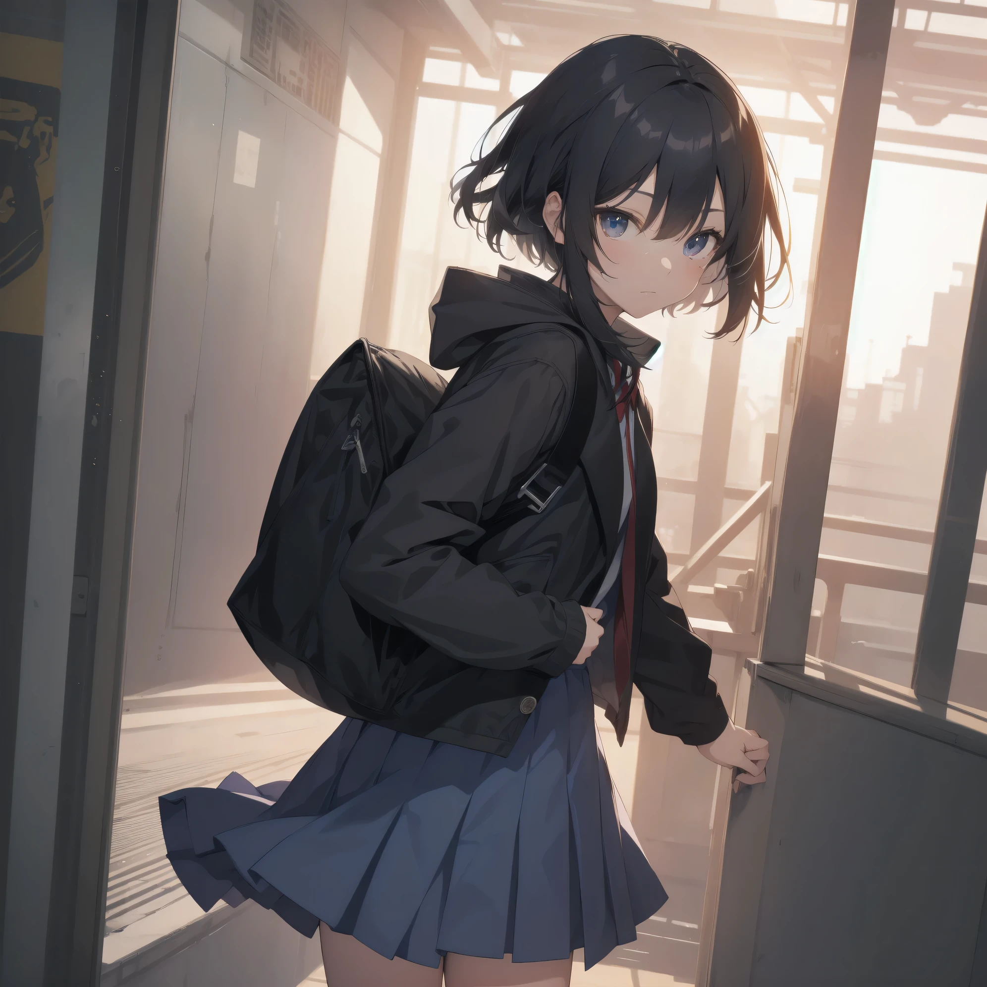 Super absurd quality by the god of art, super detailed, High resolution, anime moe art style, Best Anime 8K Kona-chan Wallpaper, pixiv contest winner, perfect anatomy, break,(眠そうにalone学校へ行く女の子を描いてください. )break,1 girl, (alone,little woman, baby face, 13 years old:1.3),All limbs, full finger,, The charm of an immature body, (very_short hair), bangs, flat chest, Small Bodysuits, small ass, between legs, small black eyes, detailed and beautiful eyes, Well-proportioned iris and pupils, expressive eyes, sleepy eyes, High resolutionの詳細な髪, hair grip, neck ribbon, skirt, collared shirt,  pleated skirt, school uniform, school bag,(detailed lighting), (detailed background), On the way to school. break,super dense skin, Best movie lighting by famous artists, 8k,cute illustration,photoshop_(Moderate),Absurd Hi-Res,Hmm,rough skin