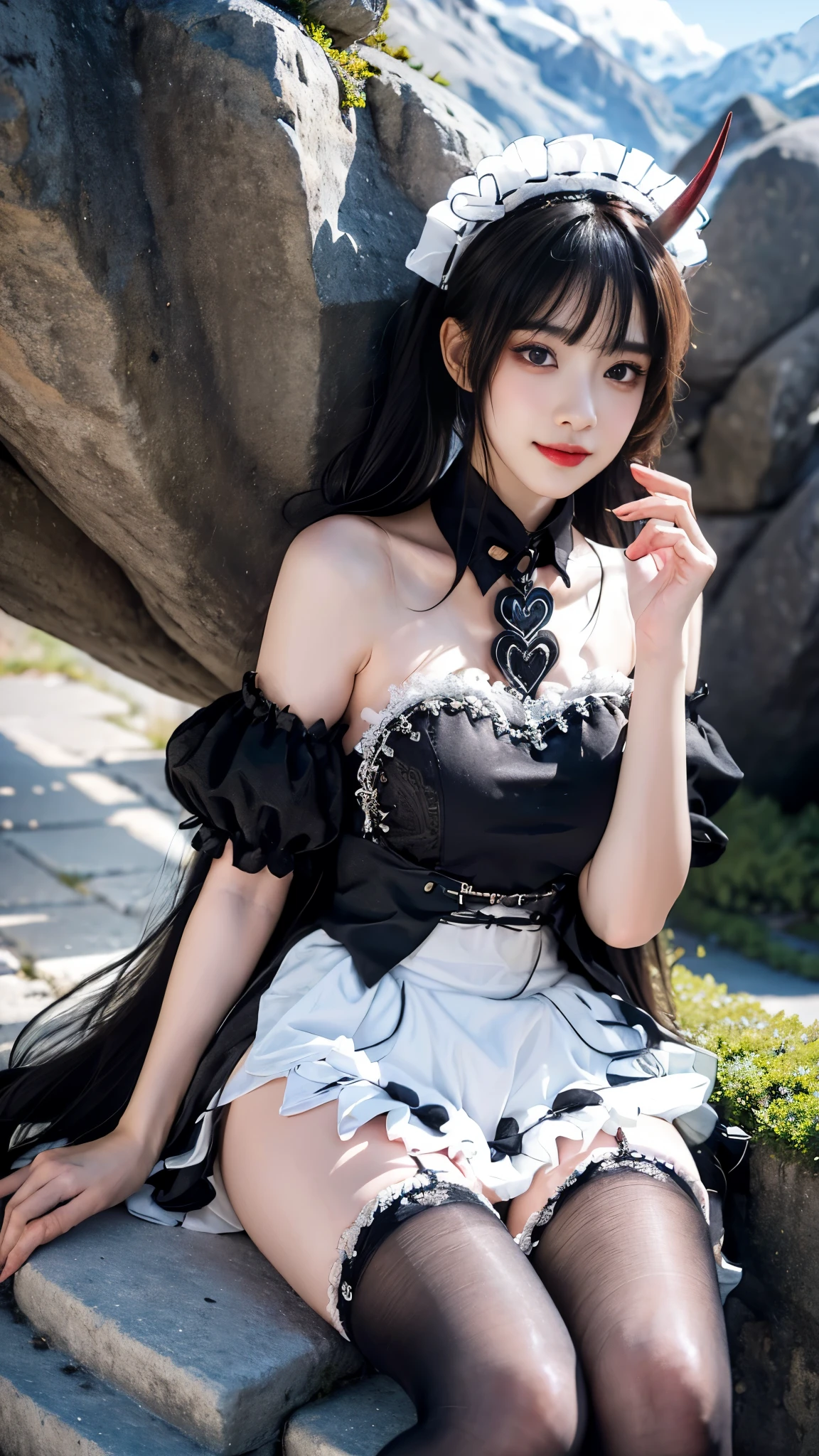 noshiro cosplay costume, cosplay,maid,apron,horns,black thighhighs, ((gufeng,bare shoulders)), ((full body)), realistic, fashi-girl, red lips, mature female, makeup, Big eyes, Pretty eyes, ((full body)), ((from below)), (best quality, masterpiece:1.2), ultra-detailed, (realistic:1.37), ((Sexy long legs)), beautiful, youthful, glamorous model with (detailed eyes, detailed lips, extremely detailed eyes), showcasing a radiant smile, creating a breathtaking depiction of a girl, Warm tones, extremely high color saturation, official art, extremely detailed CG unified 8k wallpaper,(High dynamic range :1.4), (cinematic),(soft colors, dull colors, soothing tones :1.3), (natural skin texture, ultra-realistic, soft light, sharp),(very detailed), Night, moonlight, ((In the mountains, plants, leaning against the rocks))