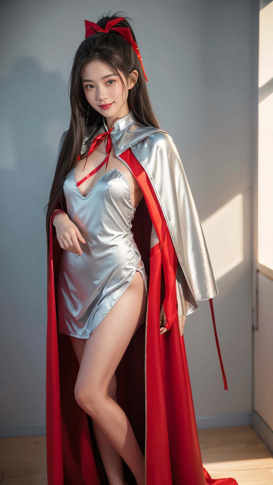 (Raw photo) , Detailed features , perfect face , perfect eyes , detailed eyes , (beautiful:1.50) , beautiful chinese girl in her 20s with long hair in a ponytail , smiling , (((long voluminous high collar silver satin and red lined cape tied at the neck with a ribbon:1.10))) , minidress , full body, slight skin blemishes, sly smile, high-quality ultra realistic style, warm tones, soft lighting, detailed eyes, subtle freckles, professional, expressive , 8K , highly detailed