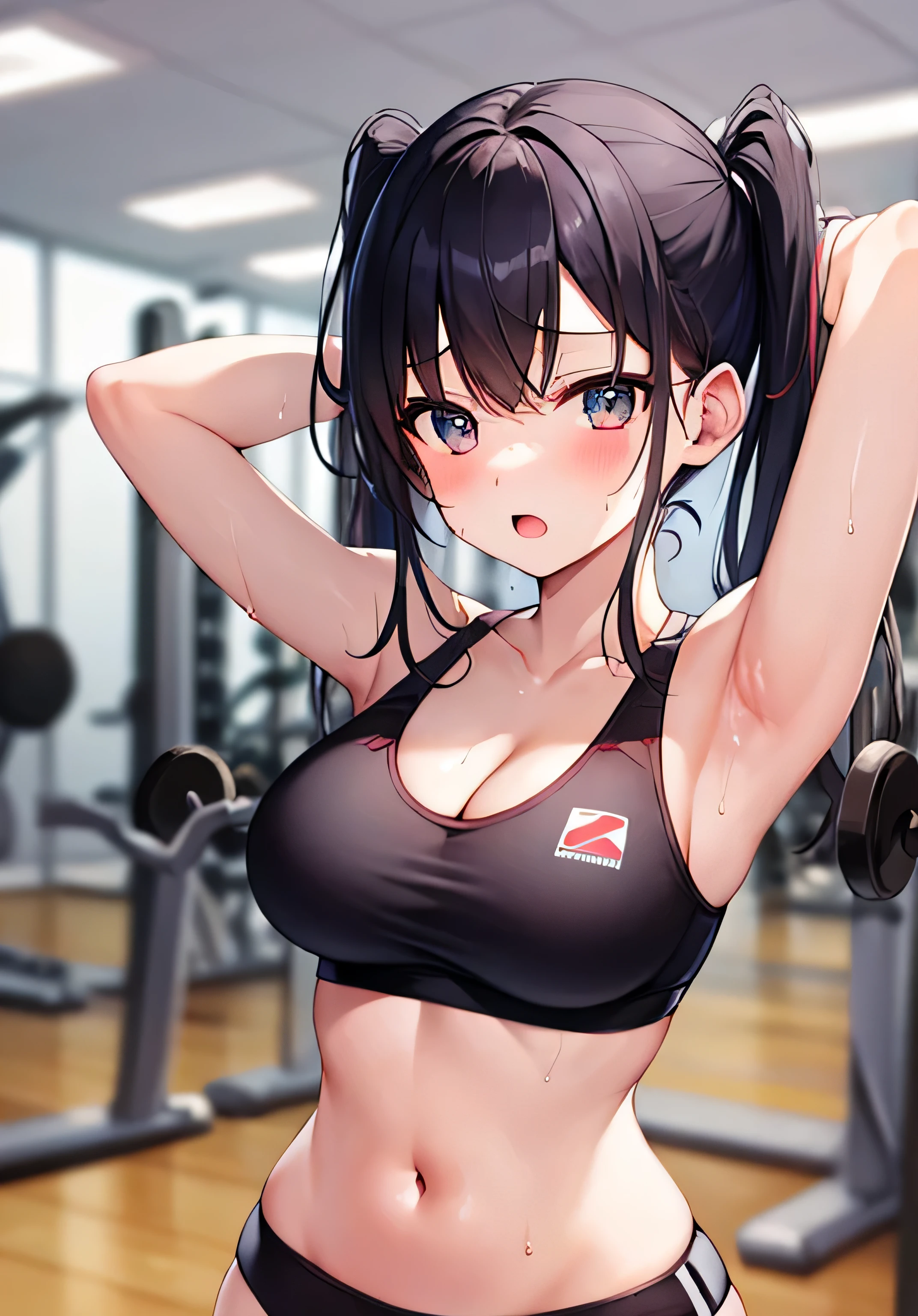 masterpiece、best image quality、ultra high resolution、teenage girl with big breasts、twin tail hairstyle、black hair、sweating、red face、shyly、mock、Open your mouth just a little、Sports bra for teenage girls showing cleavage、teenage girls sports briefs、shapely sweaty legs、indoor gym background