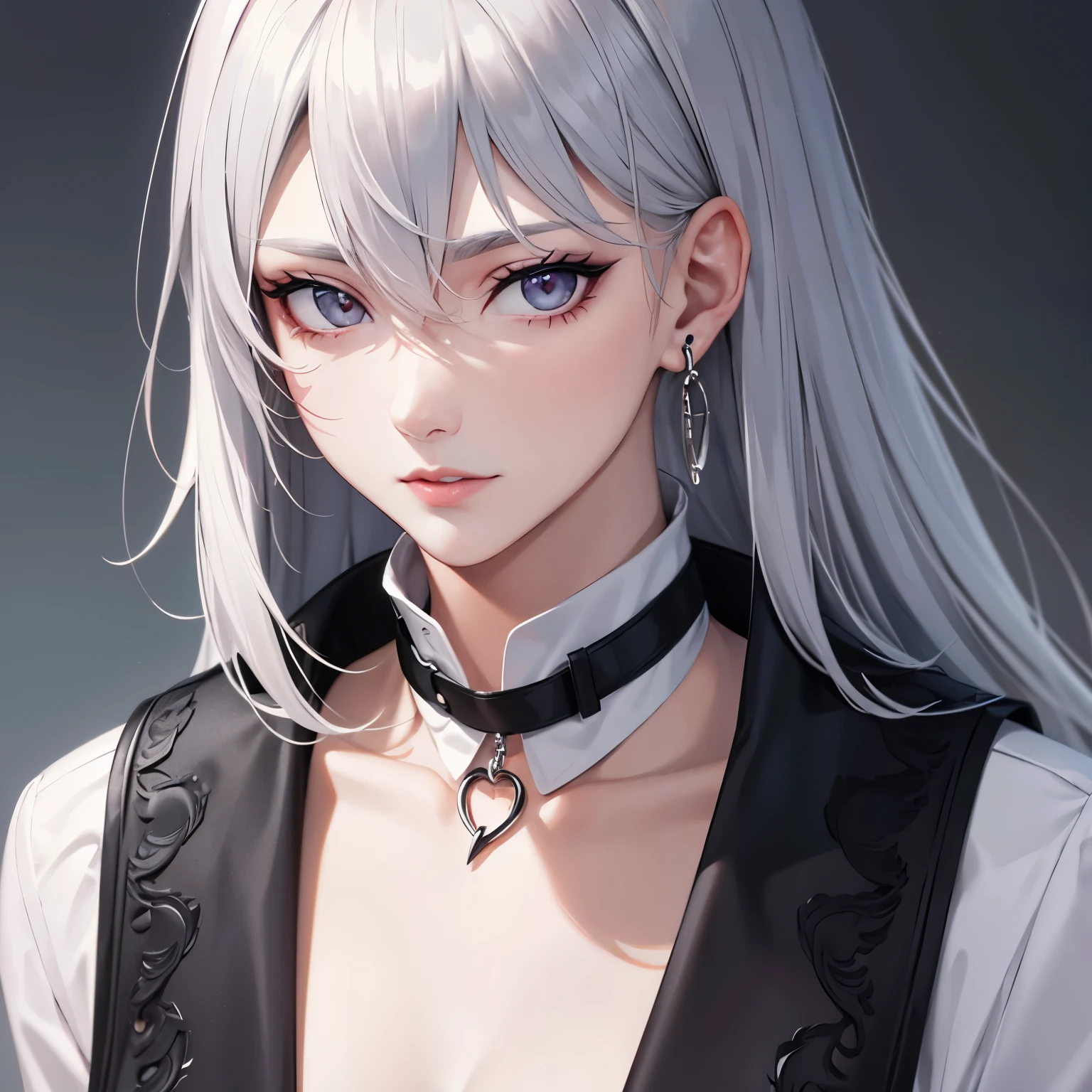gray hair wolf cut Fair skin earrings colored contact lenses 10th generation long cut thin lips close up face