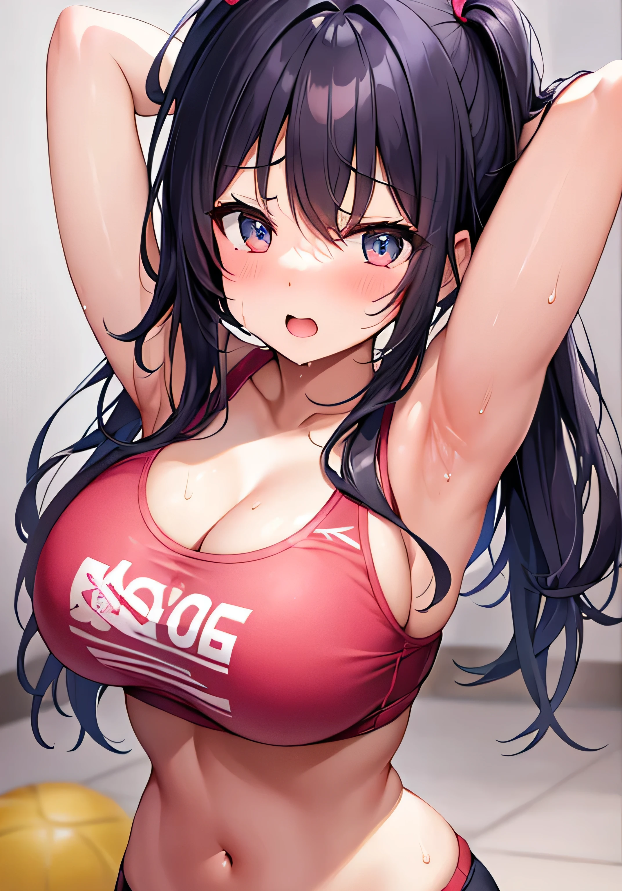 masterpiece、best image quality、ultra high resolution、age girl with big breasts、twin tail hairstyle、black hair、sweating、red face、shyly、mock、Open your mouth just a little、Sports bra for teengirls showing cleavage、teenage s sports briefs、shapely sweaty legs、indoor gym background