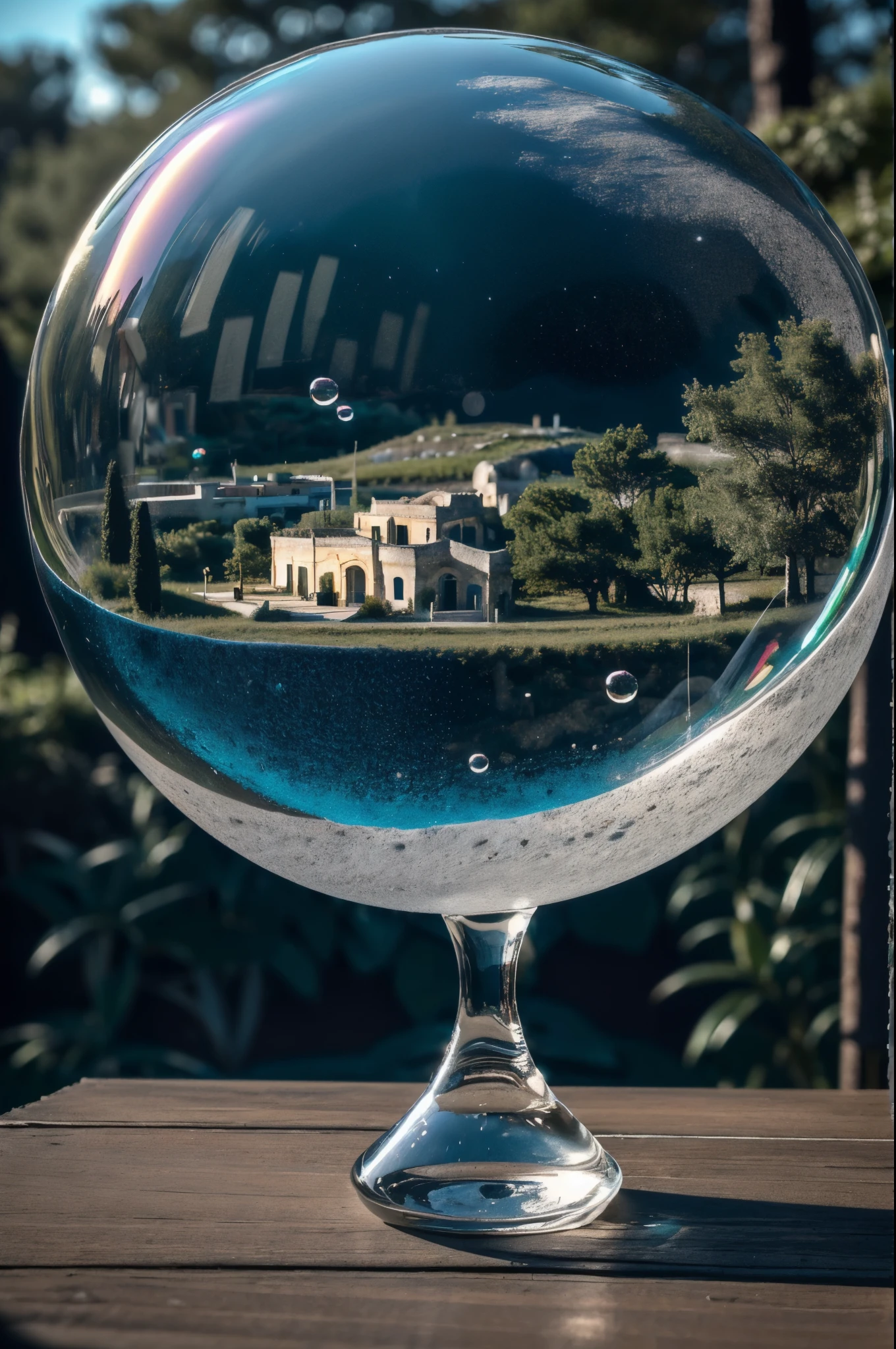 bubblerealm, ((sassi_di_matera trapped in a bubble)), Highly detailed raw polaroid, atmospheric oliva lighting, on the table, 4k UHD, dark vibes, hyper detailed, vibrant colours forest background, epic composition, octane render, sharp focus, high resolution isometric, bubblerealm