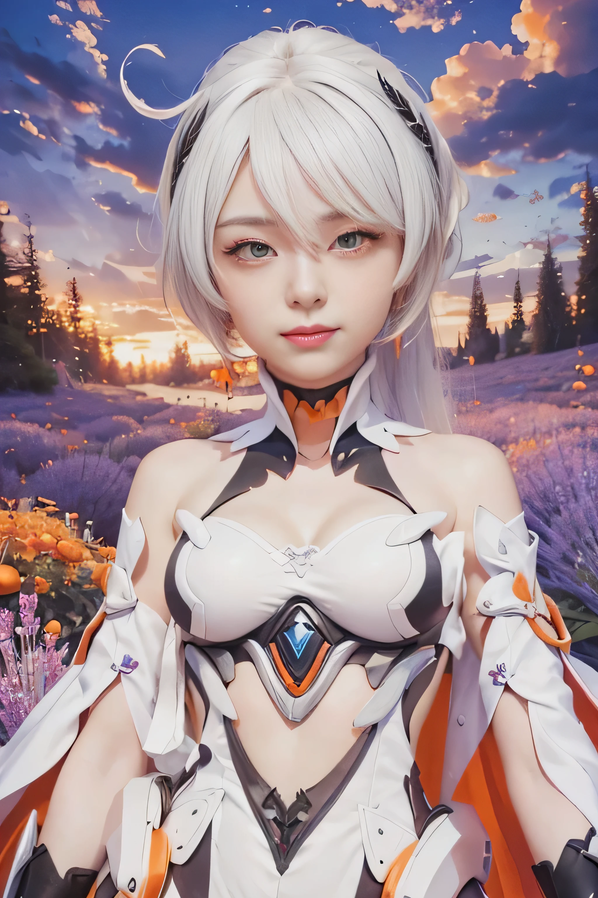 Realistic,masterpiece, best quality, (realistic,photo-realistic:1.4), (RAW photo:1.2),extremely detailed CG unity 8k wallpaper, delicate and beautiful, amazing,finely detail, official art, absurdres, incredibly absurdres, huge filesize, ultra-detailed,extremely detailed eyes and face, light on face,sinon,little smile,(white hair:1.3),long hair,(wearing white suit:1.4),(medium breast:1.3),lavender flower fleld background,ponytail,wearing black crown,Kiana Kaslana,(orange eyes:1.6)