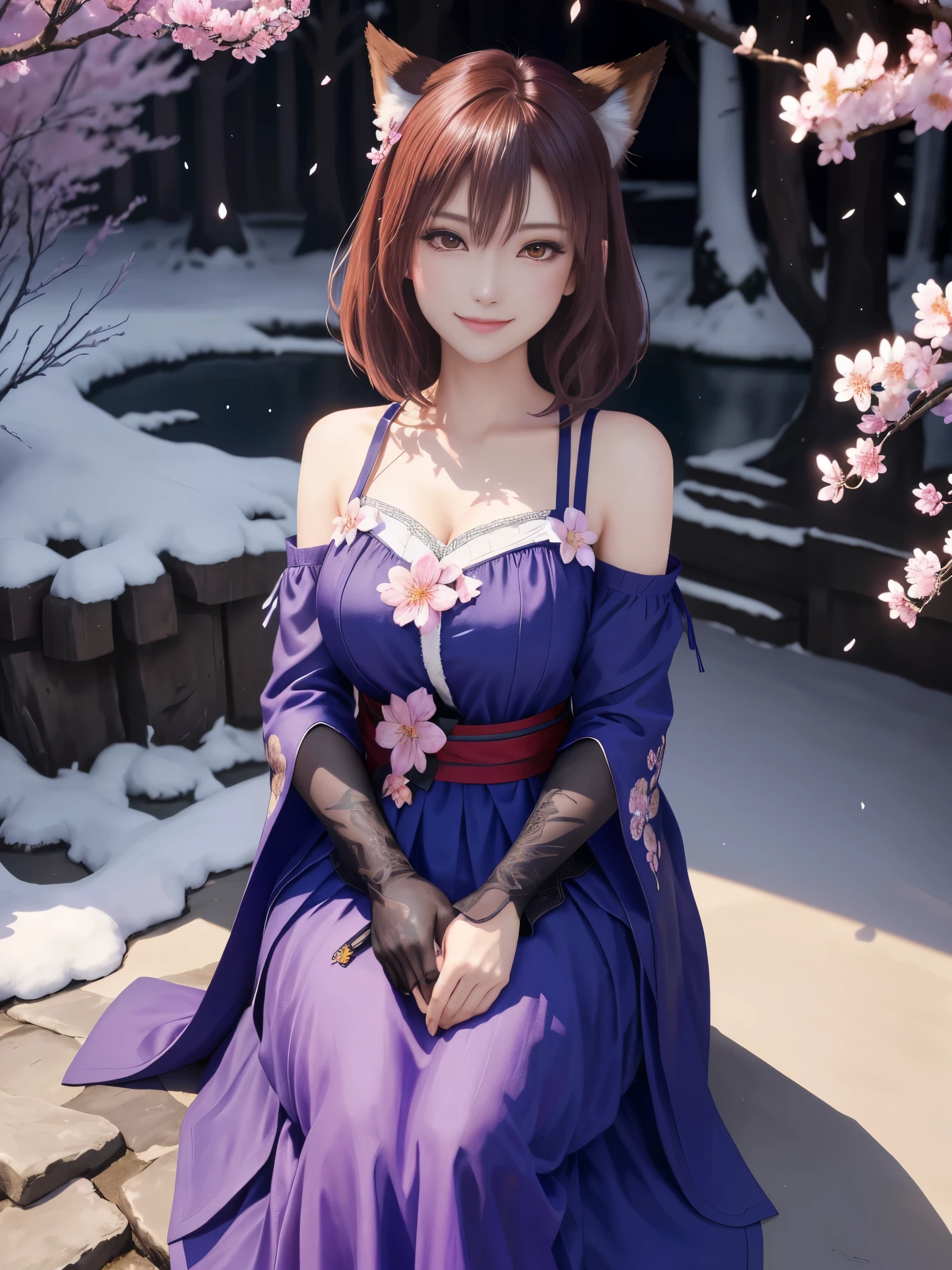 masterpiece , best quality,smile,smile,small face,shoulder exposure,some cleavage exposure,colorful hair,slender body shape,brown eyes,sharp contrast,short hair,Beautiful short hair,short cut hair,just one person,precision quality,Faithfully reproduced eyes, 一面に咲くcherry blossom background,snow scene,masterpiece, 幻想的なcherry blossom background,night,nightの背景,cherry blossom background,beautiful details, colorful, delicate details, delicate lips, intricate details, genuine, ultrargenuineista, 枝に座っている色とりどりの髪のFoxを持つ女の子:Mature, bright eyes, ,色とりどりのFox, raposa de nine tails, 三尾Fox, 三尾Fox, onmyoji detail art, beautiful fine art illustration, mythical creatures, Fox, beautiful digital art,shrine maiden,hold hands,exquisite digital illustration, mizutsune, Inspired by mythical wild web creatures, pixiv in digital art, shining light, high contrast, Mysterious,