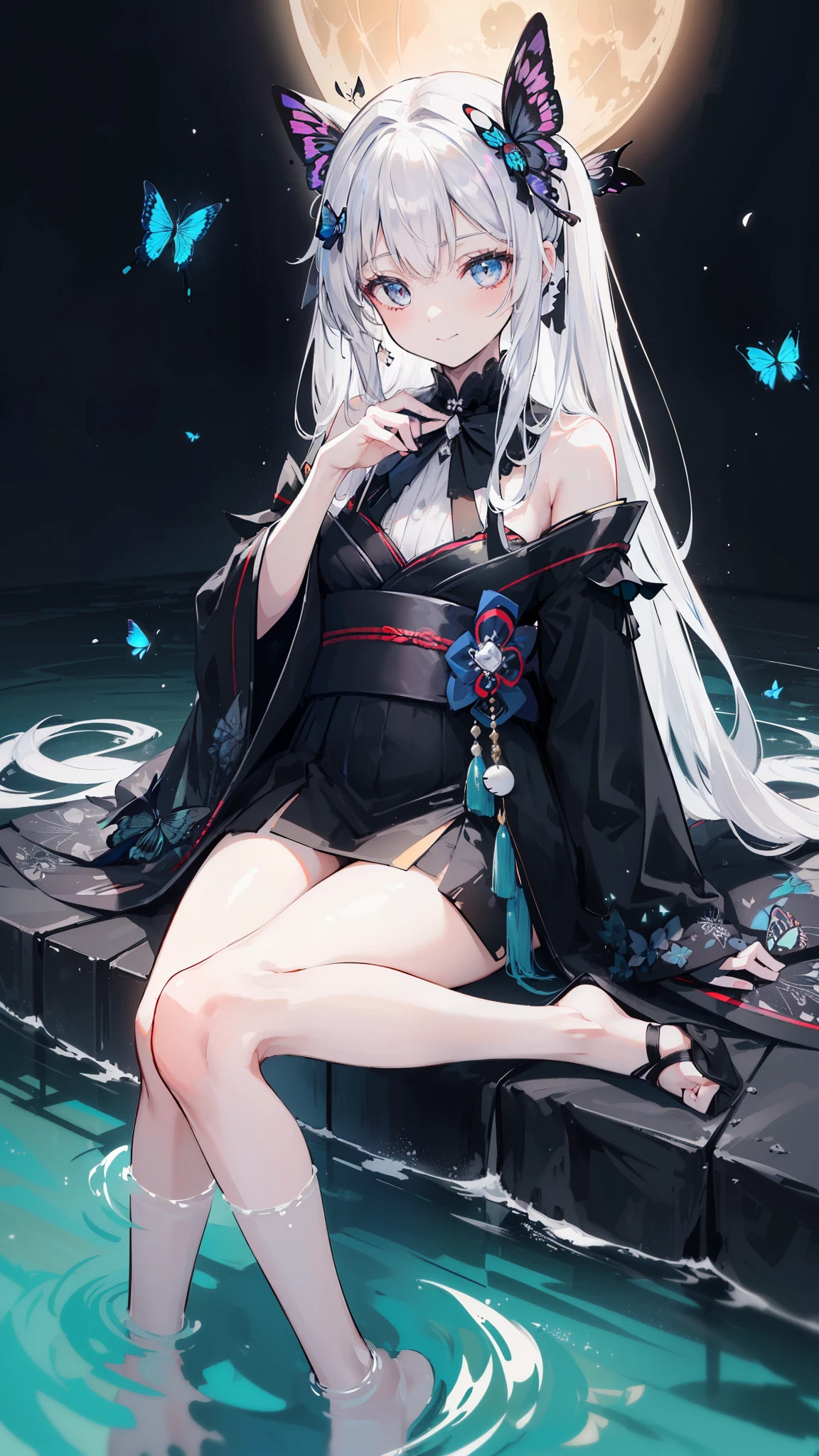 32k, perfect body, cute , cute smile, cute dress, long hair, white hair, black dress, ((black butterfly)), ((black butterfly hair ornament)), ((black butterfly shaped brooch)), ((black butterfly dress)), ((black ligth particle)), (((beautiful quality))), ((black kimono)), ((black Japanese clothing)), (((the floor is on the water))), ((full moon)), 