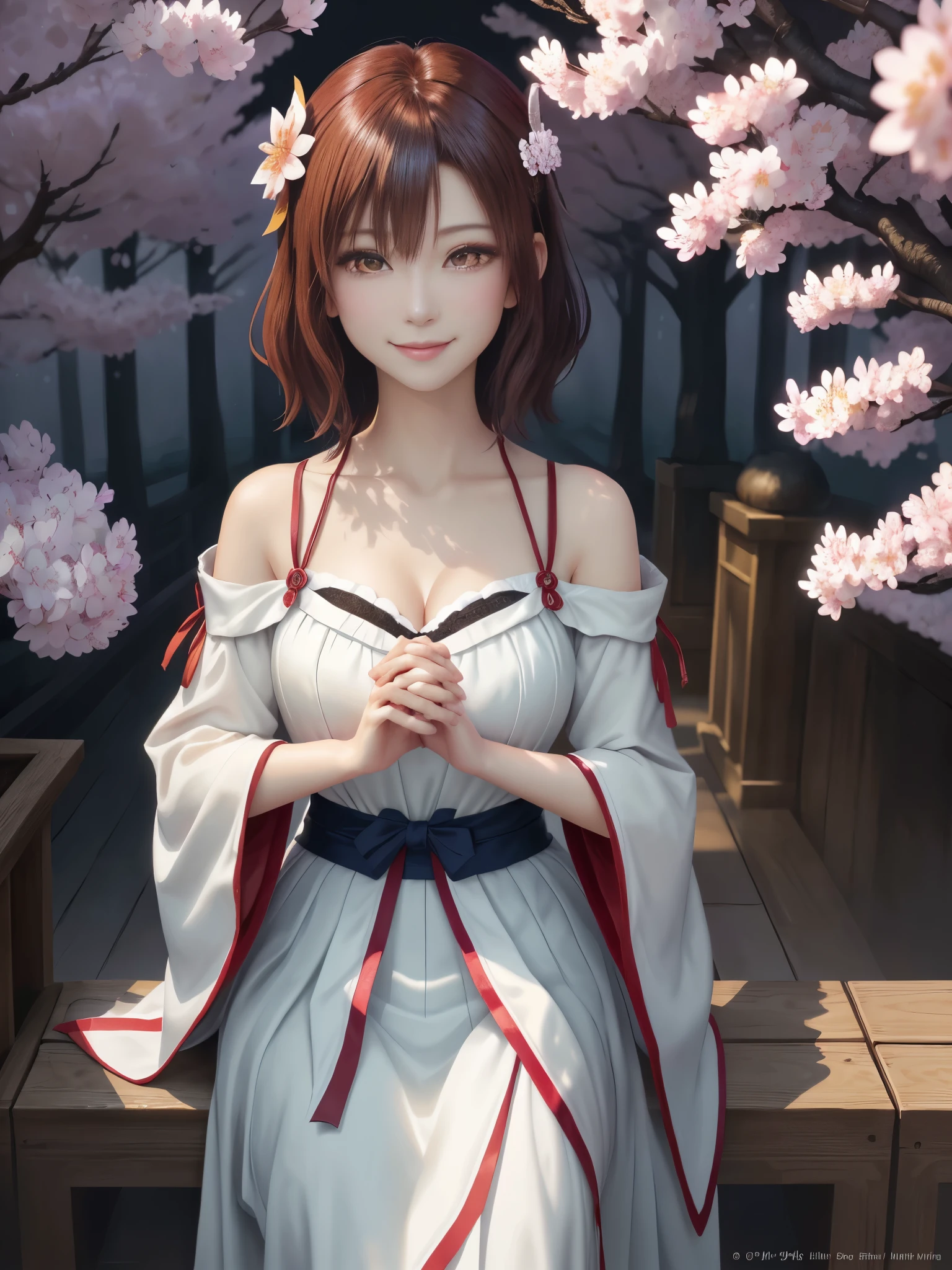 masterpiece , best quality,smile,smile,small face,shoulder exposure,some cleavage exposure,colorful hair,slender body shape,brown eyes,sharp contrast,short hair,Beautiful short hair,short cut hair,just one person,precision quality,Faithfully reproduced eyes, 一面に咲くcherry blossom background,snow scene,masterpiece, 幻想的なcherry blossom background,night,nightの背景,cherry blossom background,beautiful details, colorful, delicate details, delicate lips, intricate details, genuine, ultrargenuineista, 枝に座っている色とりどりの髪のFoxを持つ女の子:Mature, bright eyes, ,色とりどりのFox, raposa de nine tails, 三尾Fox, 三尾Fox, onmyoji detail art, beautiful fine art illustration, mythical creatures, Fox, beautiful digital art,shrine maiden,hold hands,exquisite digital illustration, mizutsune, Inspired by mythical wild web creatures, pixiv in digital art, shining light, high contrast, Mysterious,