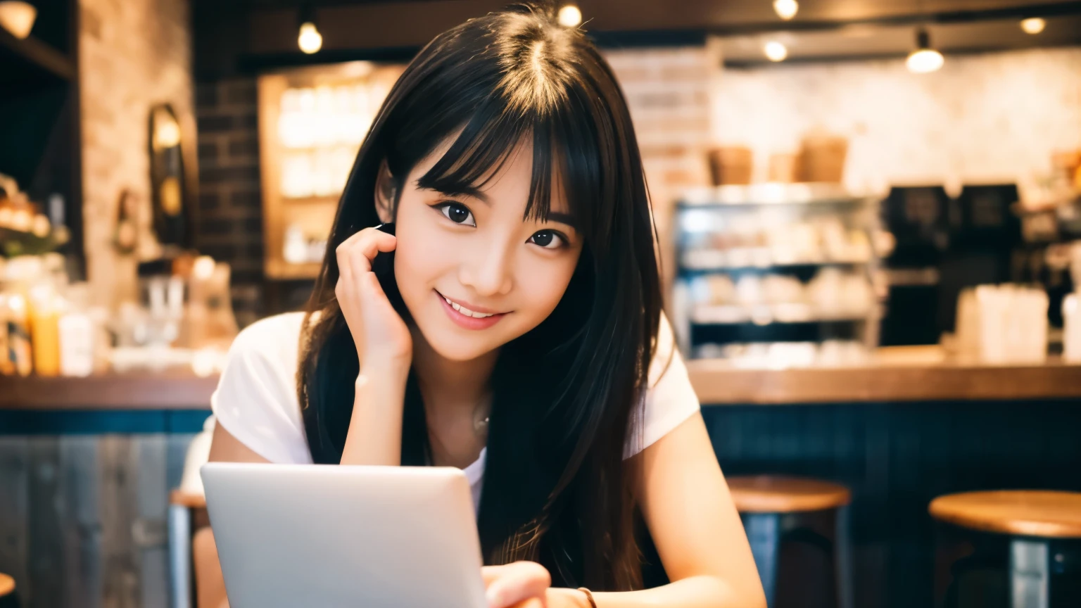 ((最high quality, 8k, masterpiece: 1.3)), perfect face,Inside a stylish cafe in New York、A scene in which a beautiful model-like woman is drinking a latte and studying on a laptop.,All around you, you can see other customers enjoying their time.。At the back of the cafe、The staff are busy working at the counter.、You can feel the liveliness and stylish luxury that is typical of a city cafe., sharp focus, 1 girl, Sexy 1.2, , (big: 1.5), fine eyes, Beautiful eyes with long slits, double eyelid, (cat face), (cute Face), cute Smile, (close your mouth), (cute), soft skin, Show the whole body, surreal, super detailed, high quality, (Beautiful female college student studying in a cafe), ((詳細な非常にcute女子大生)), ((胸は隠れているけど服の上から解るぐらいbig胸)),A look that looks at your boyfriend
