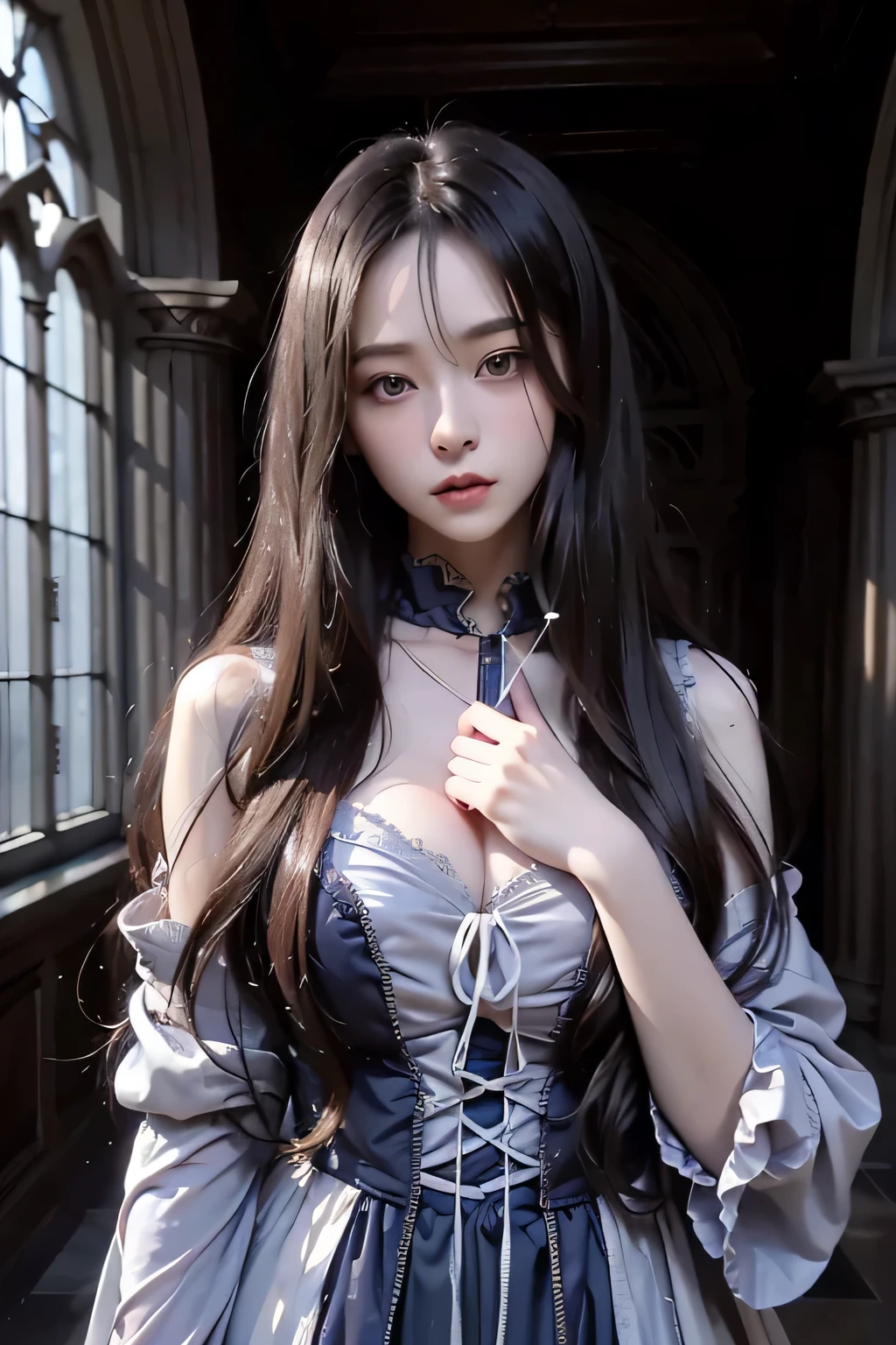 ８ｋ、High resolution、Beautiful Girl of the Wizard、gothic costume、young、white skin,、narrow eyes,high nose,lighting that illuminates the face、clear image、intellectual beauty、skinny、no makeup、arrogant look,shining hair、single eyelid,、vivid pose、looking at camera