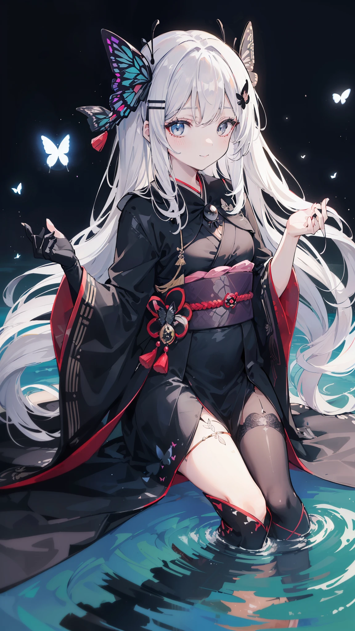 32k, perfect body, cute , cute smile, cute dress, long hair, white hair, black dress, ((black butterfly)), ((black butterfly hair ornament)), ((black butterfly shaped brooch)), ((black butterfly dress)), ((black ligth particle)), (((beautiful quality))), ((black kimono)), ((black Japanese clothing)), (((the floor is on the water))), ((full moon)),