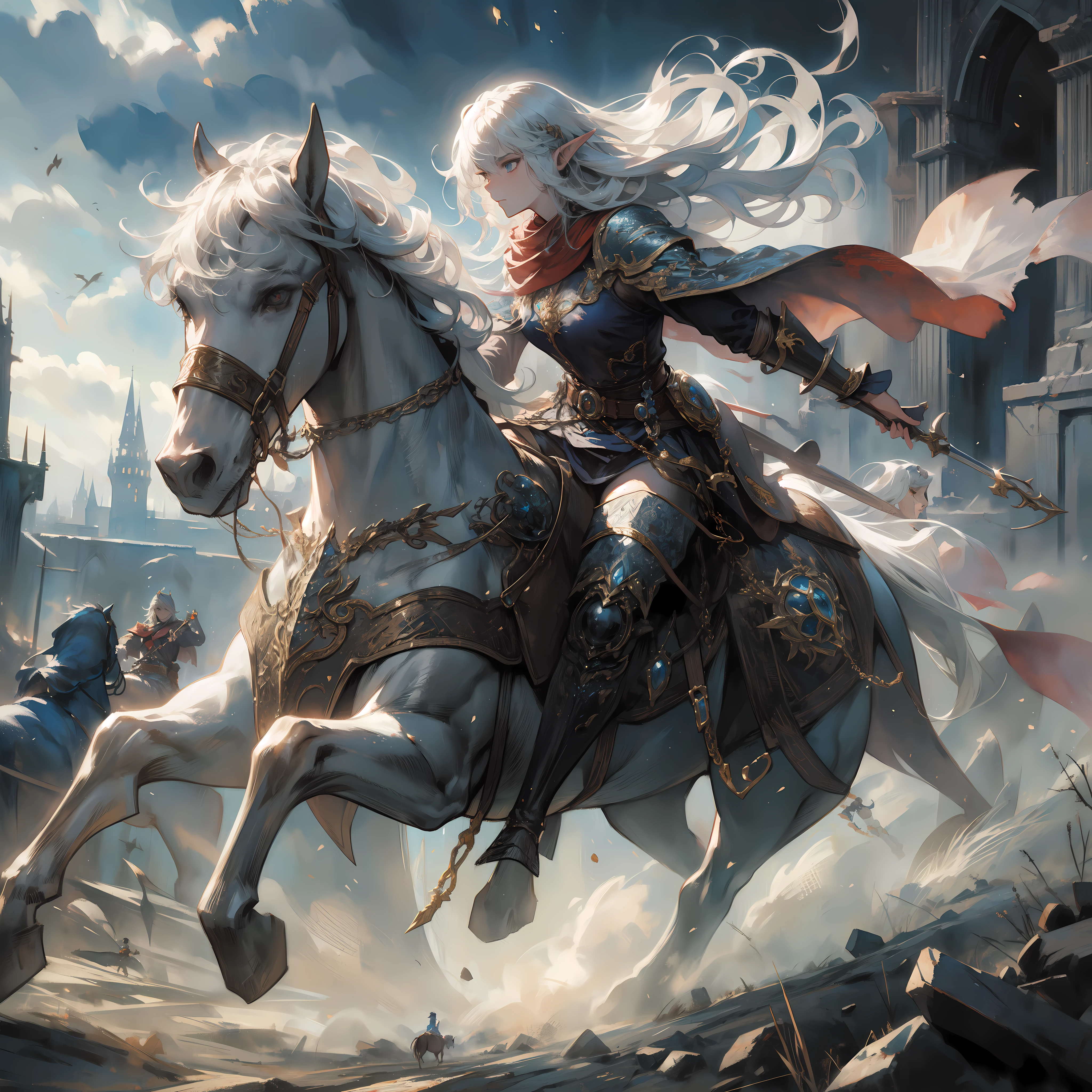 an medium white hair elf woman Hunter riding a horse, in the ruined kingdom, fight against demon Lord, dynamic ground pov, Viewed from a distance, detailed face, by Artgem, Dynamic shot, Dynamic pose, Hayao Miyazaki, Mikimoto Haruhiko, frank frazetta, Cinematic Dramatic atmosphere, fantasy, 8k, watercolor painting