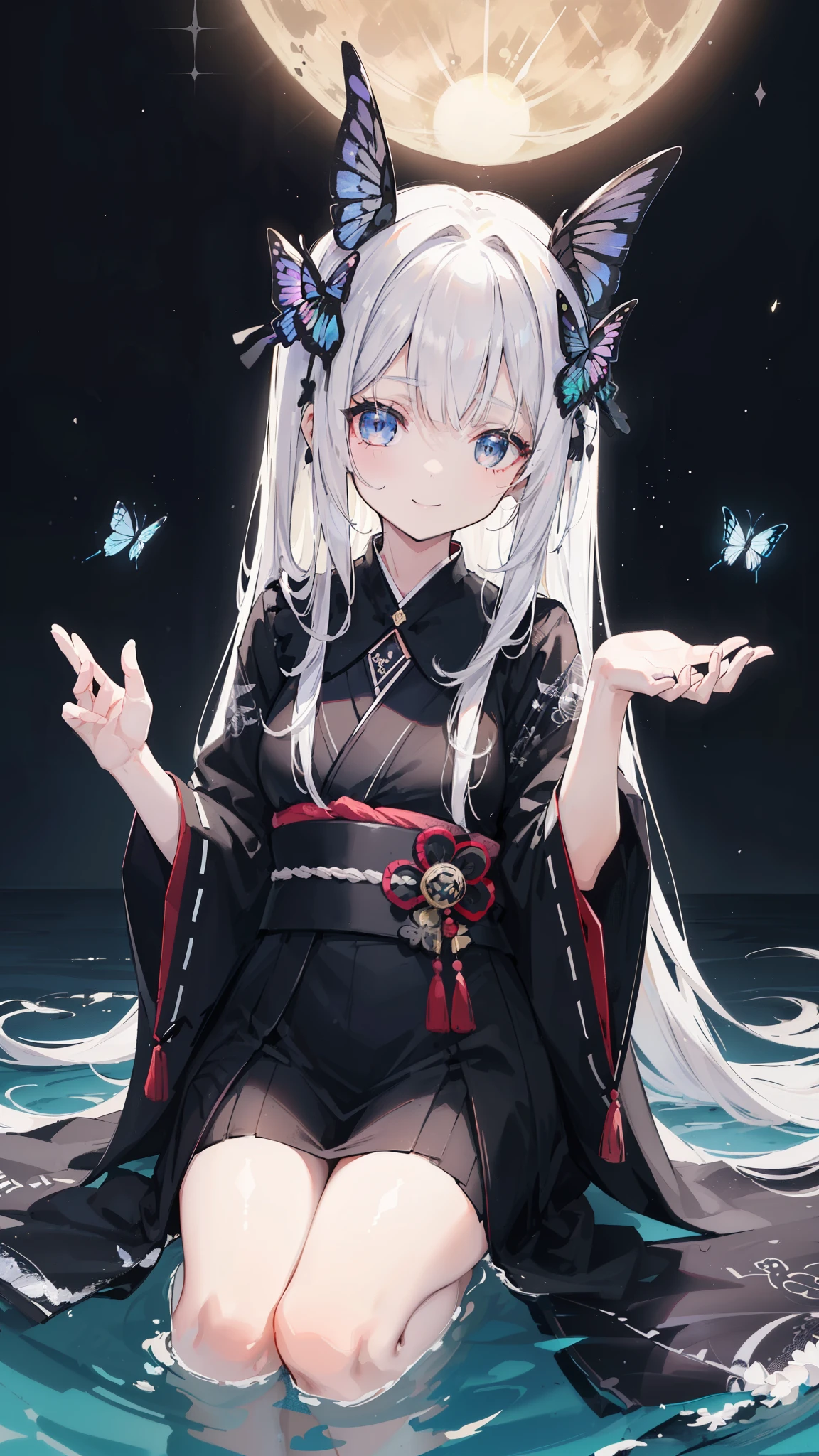 32k, perfect body, cute , cute smile, cute dress, long hair, white hair, black dress, ((black butterfly)), ((black butterfly hair ornament)), ((black butterfly shaped brooch)), ((black butterfly dress)), ((black ligth particle)), (((beautiful quality))), ((black kimono)), ((black Japanese clothing)), (((the floor is on the water))), ((full moon)), 