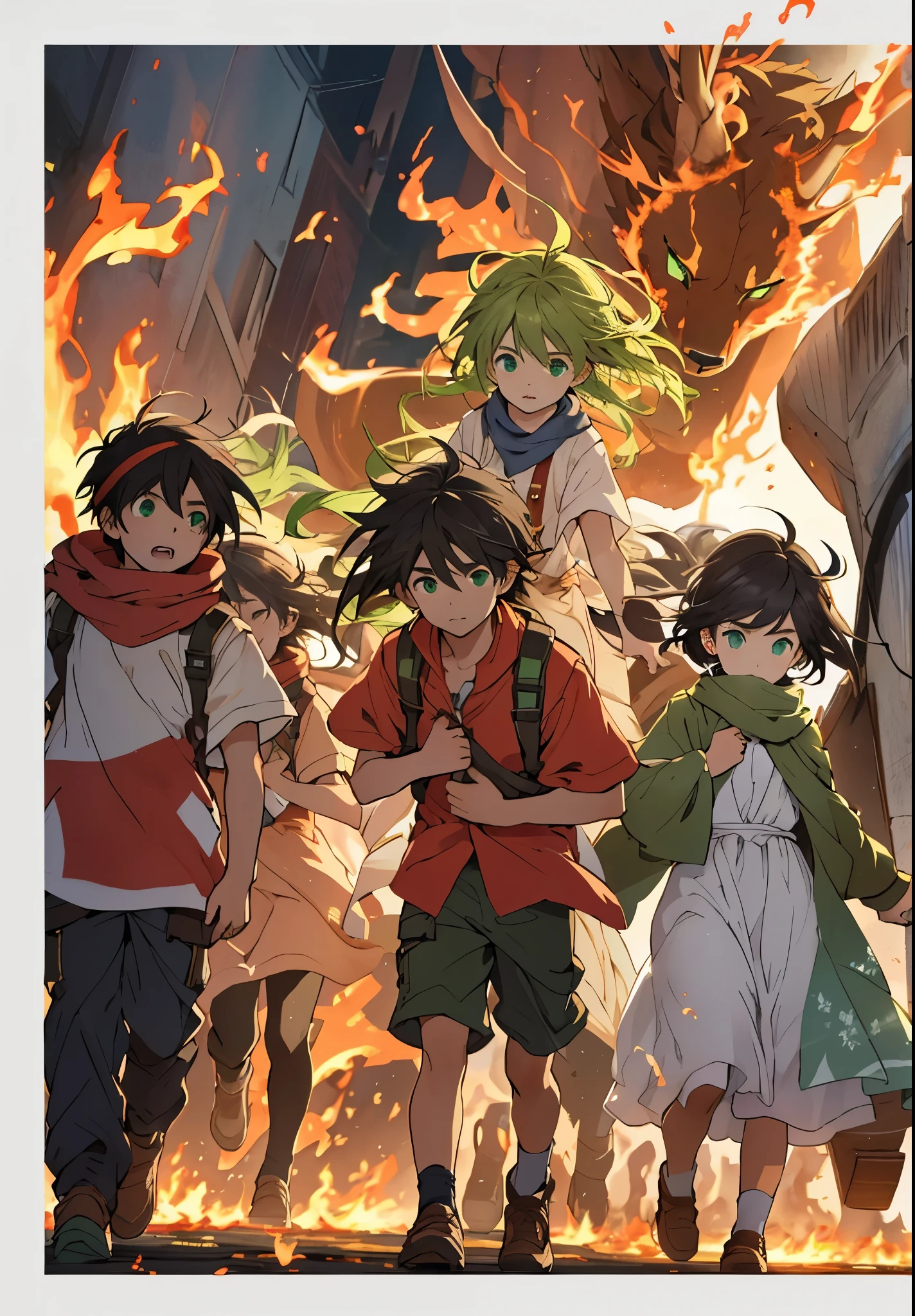 a group of children escape the flames their hair is green green eyes