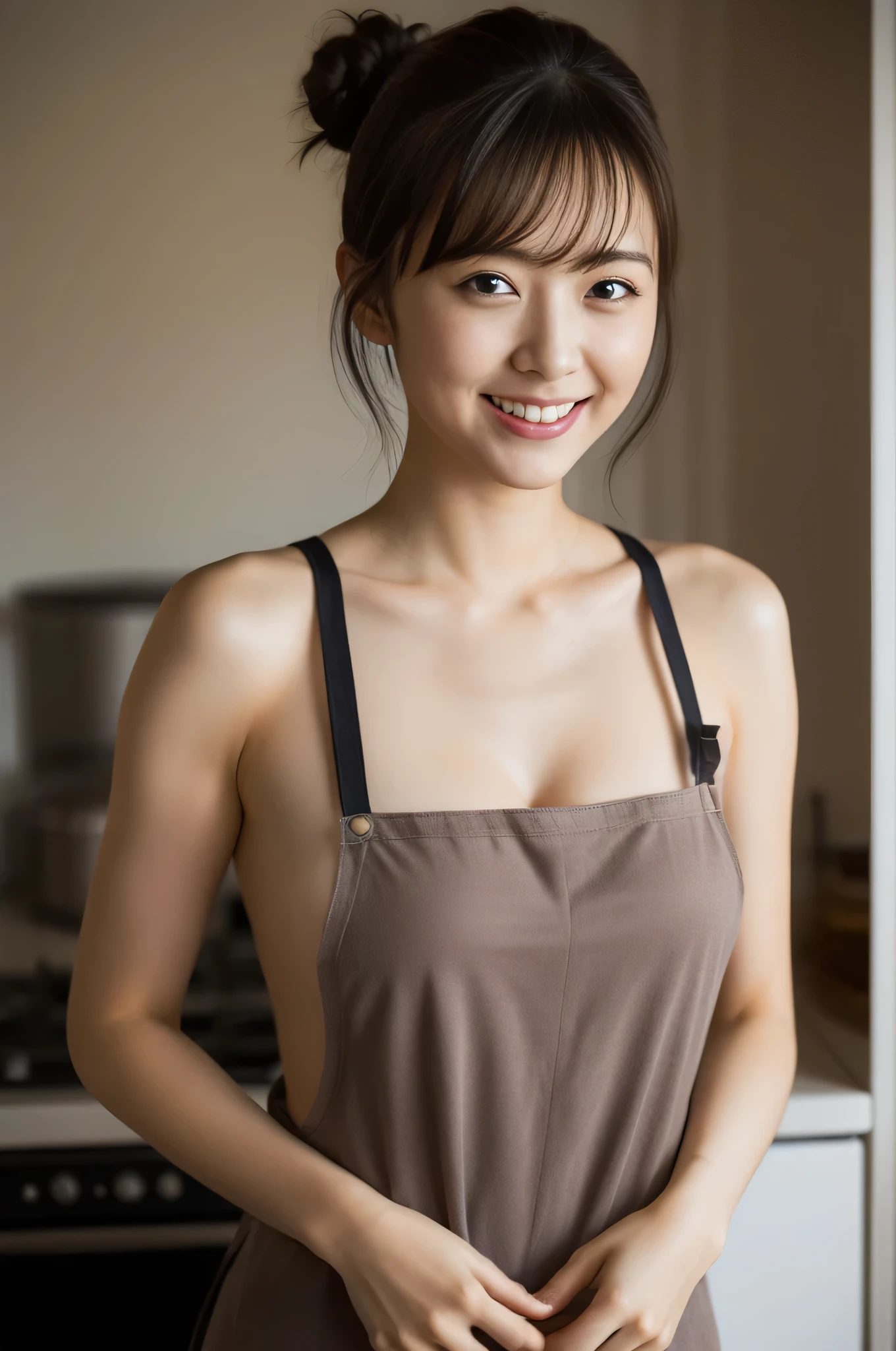 a woman is cooking, In the kitchen, Wearing a naked apron,(NAKED Apron,dark red Apron,short Apron),(Bun hair,Curly,Black hair),medium shot,Smile,Happy face,large round chest,(Cover-),Slender figure, Skin shining with sweat,(moles,pores),Realistic,Photorealistic:1.37, masutepiece, Best Quality,nffsw,Ultra detailed skin,with detailed face,Great detailed eyes,Beautiful and delicate,detailed clothes,highres photograph,Professional Light,Cinematic lighting, cleavage、　thighs、　
