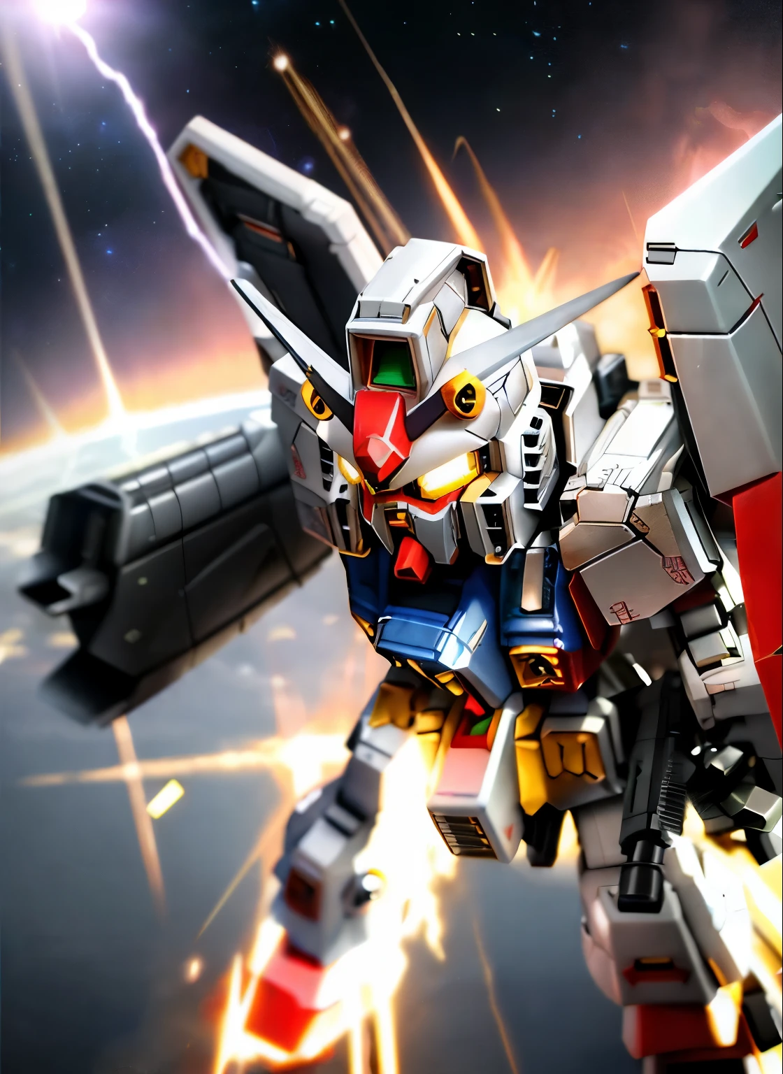 ((SF))、(masterpiece)、highest quality、Highly detailed CG Unity 8k wallpaper、((SD Gundam 1.2))、(F91 キー)、sharp gaze、Confront the enemy with a bazooka and saber、dance in the air、Flying through the sky like a comet、surrounded by fin funnels、chibi character、background earth、realistic outer space、robot、mechanic、docking core、Maximum output、continuous attack、beam radiation、Vesbar、fully armed、rusty edge、shine of light、Lens flare、unreal engine、