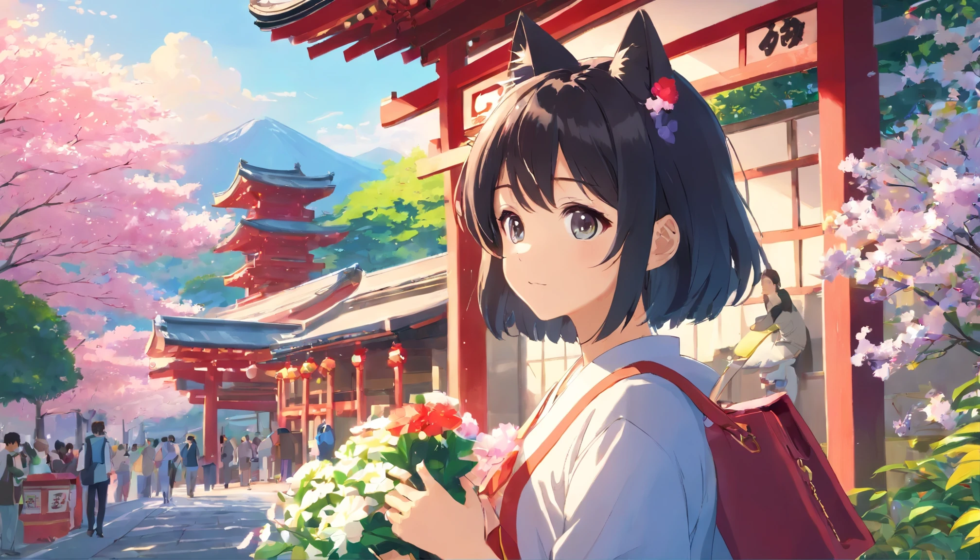 photoRealstic、Japan shrine in the background、a boy、cat ears、 black hair、no people、 kawaii pose 、 ultradetailed eyes、Full Paint、Floral hair ornament、on my right hand, I have a bag of Chitose candy、Strong bokeh、Flowers in the foreground