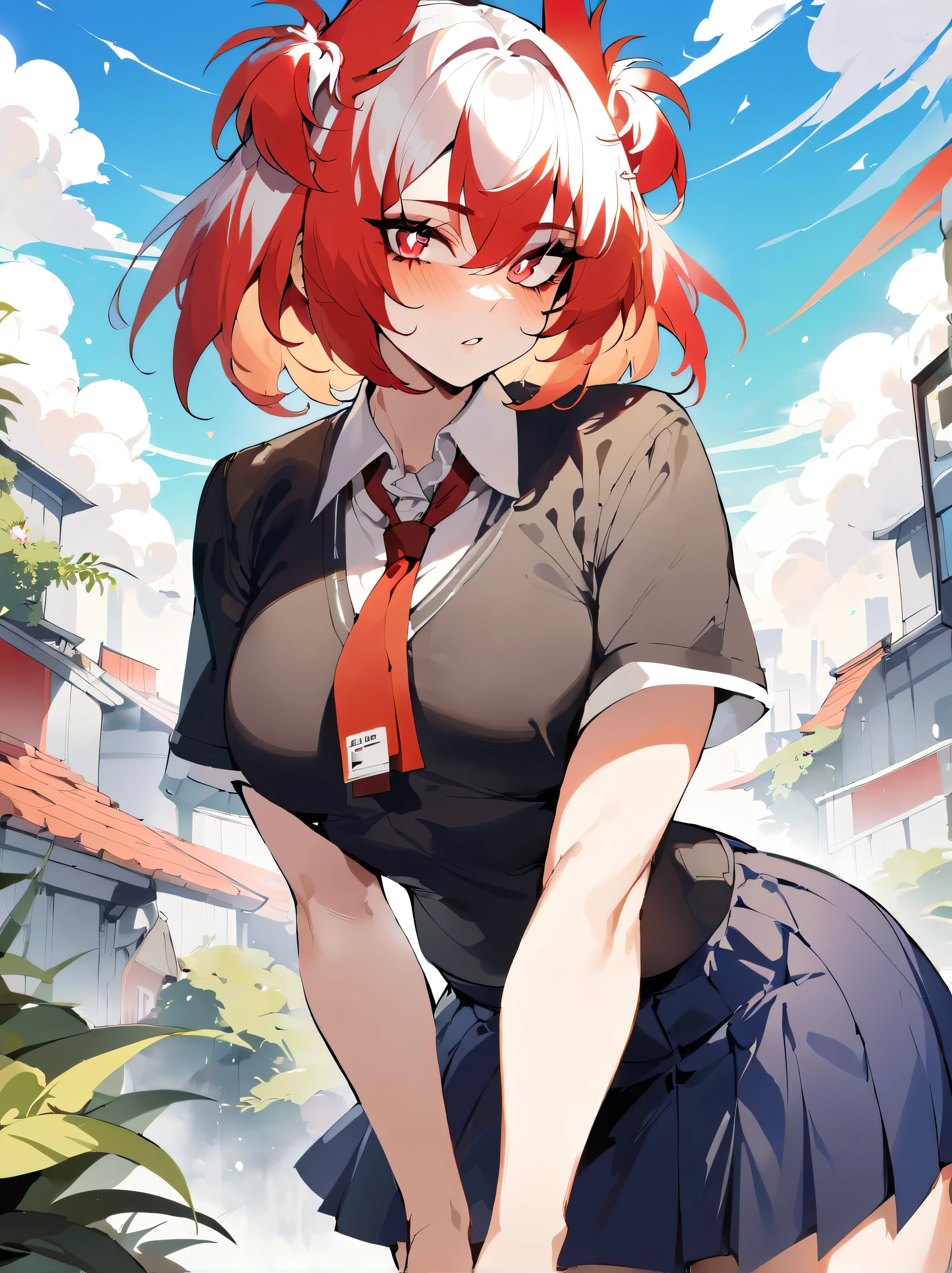 1 girl, Fiammetta (Italy) \(polar nights\), the ark is a masterpiece, Best quality, newest, Ideal Anatomy, detailed,, slender body, , detailed eyes, преRed eyes   ||||| At school, green, |||||   from the nanny, author: omone hokoma agm, |||||  ||||| Red eyes, her hair is completely red,completely red hair, ,blush,, school outfit, School skirt, day, clouds,sky