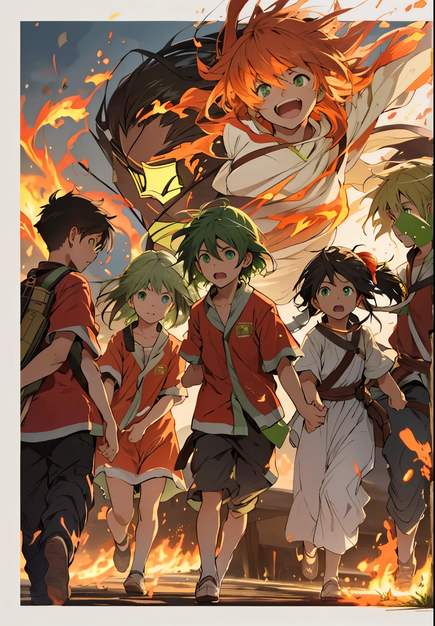 a group of children escape the flames their hair is green green eyes