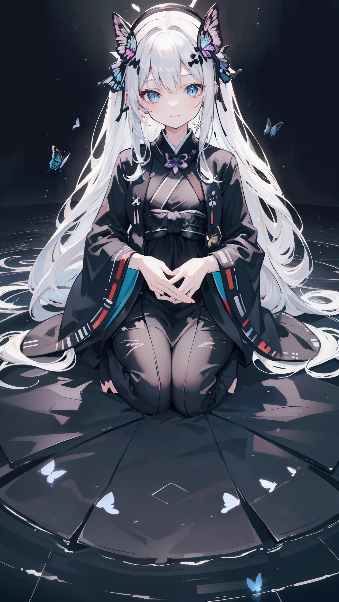 32k, perfect body, cute , cute smile, cute dress, long hair, white hair, black dress, ((black butterfly)), ((black butterfly hair ornament)), ((black butterfly shaped brooch)), ((black butterfly dress)), ((black ligth particle)), (((beautiful quality))), ((black kimono)), ((black Japanese clothing)), (((the floor is on the water))), ((full moon)),