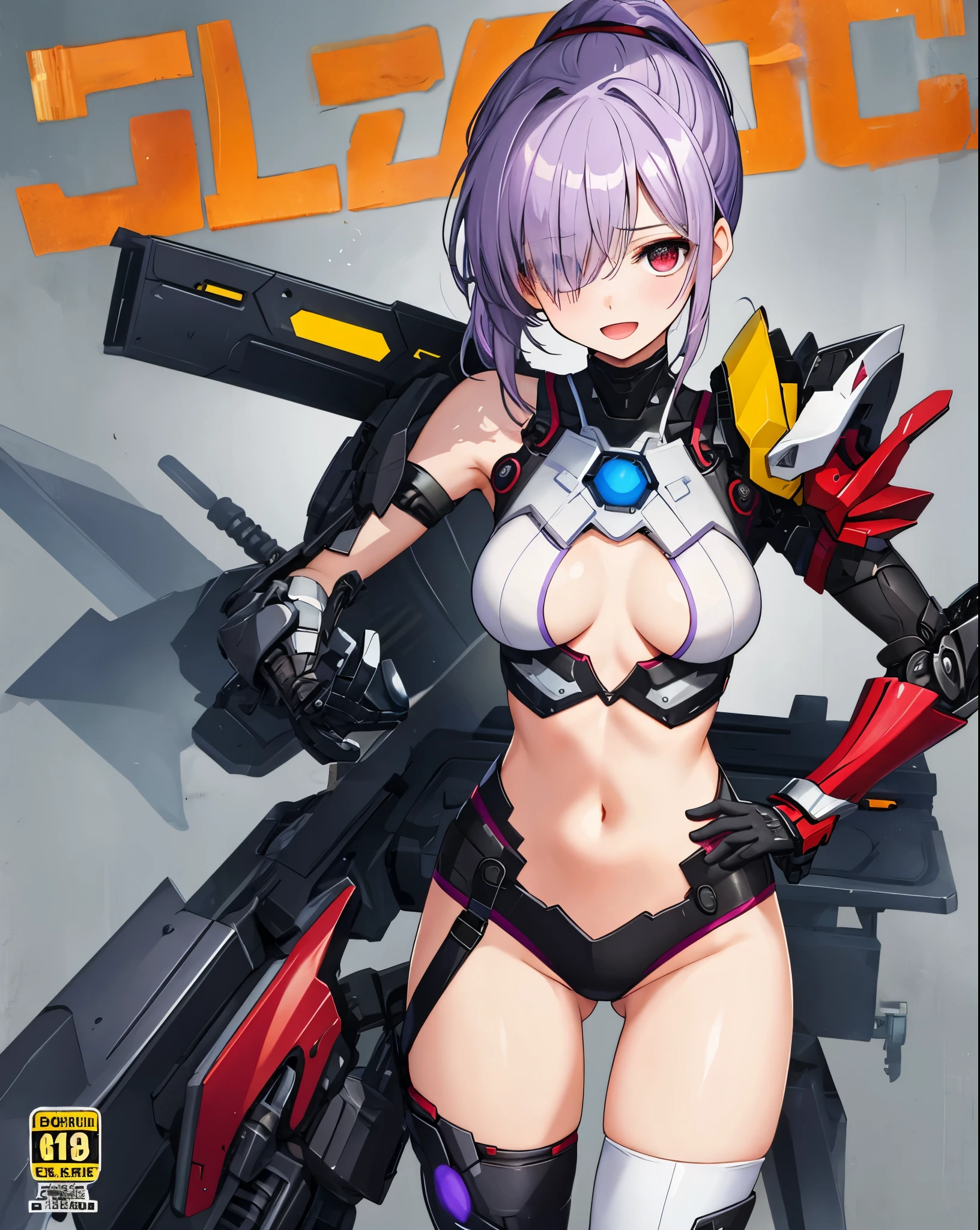 ,1girl,(:1.5), (short_ponytail:1.3), (light_whitish_purple_hair:1.3),black_mechanical_armor_parts,white_breasts_parts_red_black_body_suit,bare_shoulder,bare_slender_thighs,medium_breasts,on_the_desk, desk_background,Stinging_eyes,sleepy,thighhigh_greaves,gauntlets,dynamic_posing,bare_frank,metal_red_parts_armor,red_eye,solo,
fists,hold_weapon,glare,navel,large_mechanical_parts,happy,waist_armor,open_mouth,rise_legs,apart_legs, (covered_navel:1.3),(very_long_bangs:1.3), (hair_over_one_eye:1.5),(long_bang_covers_right_half_of_face:1.5),
(covered_pussy:1.1),covered_breasts,fighting,