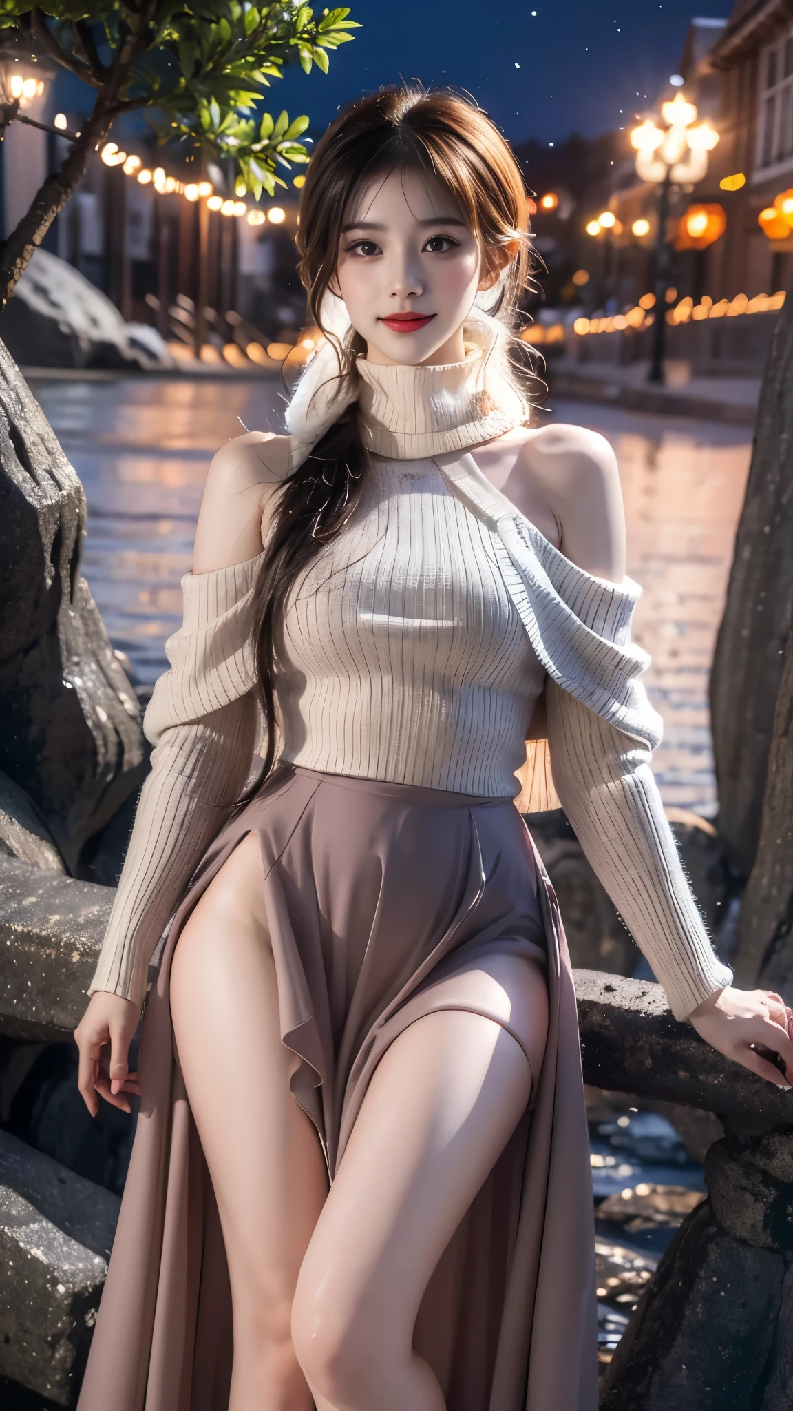 cyb skirt, long sleeves, capelet, wool ball scarf, scarf, ((gufeng,bare shoulders)), ((full body)), realistic, fashi-girl, red lips, mature female, makeup, Big eyes, Pretty eyes, ((full body)), ((from below)), (best quality, masterpiece:1.2), ultra-detailed, (realistic:1.37), ((Sexy long legs)), beautiful, youthful, glamorous model with (detailed eyes, detailed lips, extremely detailed eyes), showcasing a radiant smile, creating a breathtaking depiction of a girl, Warm tones, extremely high color saturation, official art, extremely detailed CG unified 8k wallpaper,(High dynamic range :1.4), (cinematic),(soft colors, dull colors, soothing tones :1.3), (natural skin texture, ultra-realistic, soft light, sharp),(very detailed), Night, moonlight, ((In the mountains, plants, leaning against the rocks))