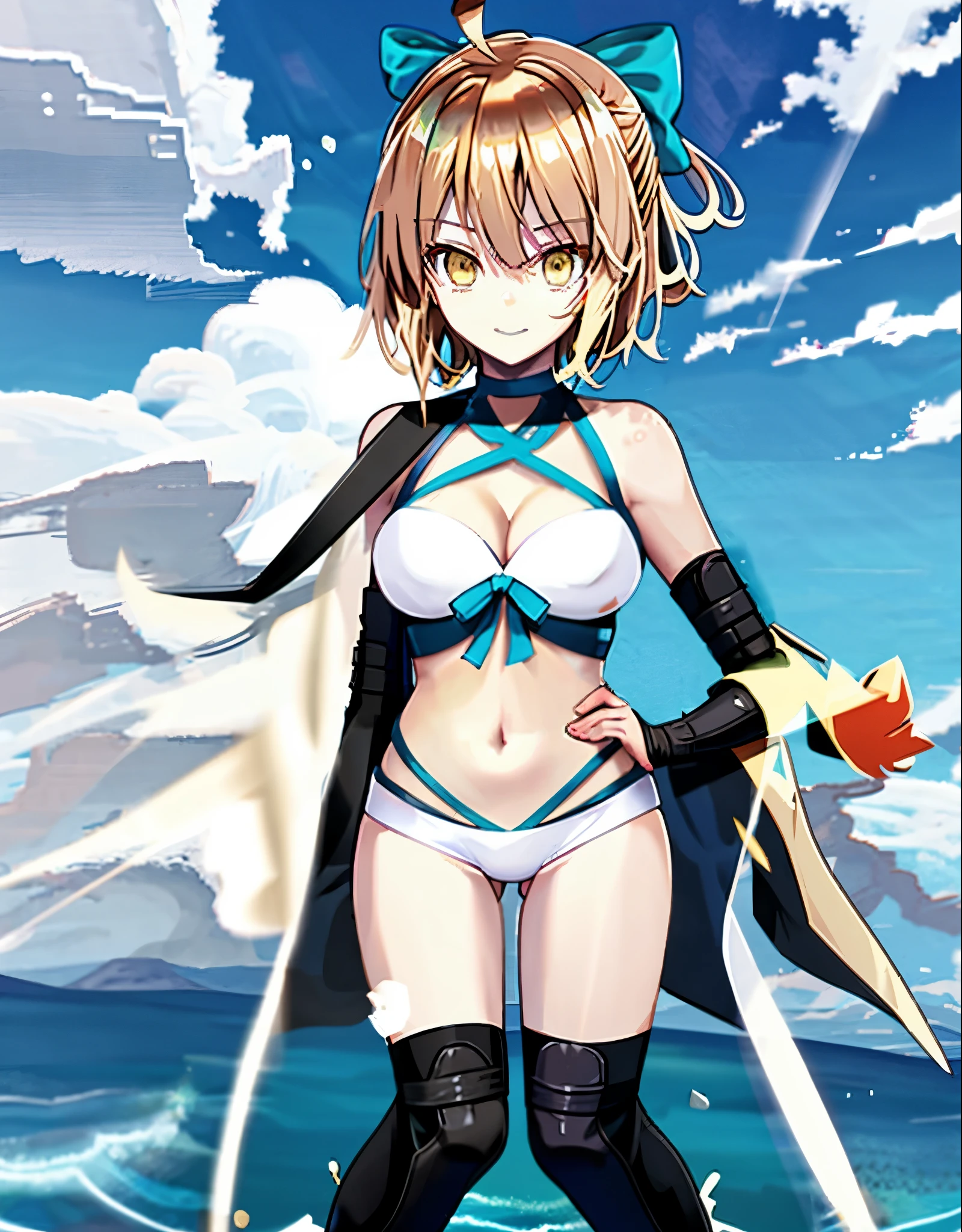 
1girl,, ahoge, , okita_souji \(swimsuit\) \(fate\), large breasts , blonde hair, yellow eyes,  pony tail
bare shoulders , cleavage,
clothing cut out, detached collar, navel cutout, thigh strap, hands behind head,
Sea background,squat,(open_legs:1.3),dynamic_posing,armpits,smile,