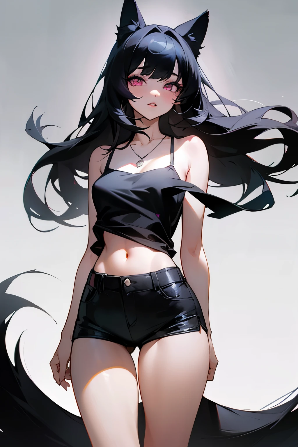 Anime Kawaii sexy Perfect Slim sensual body large breast and huge thighs, An intricate and highly detailed illustration of anime (Young girl). a beautiful girl with long black hair, wearing a black sleeveless crop top and a pink skirt, standing alone and divided, detailed facial features, intricate clothing, realistic, photorealistic, ultra-detailed, masterpiece, 8k, high quality, digital art