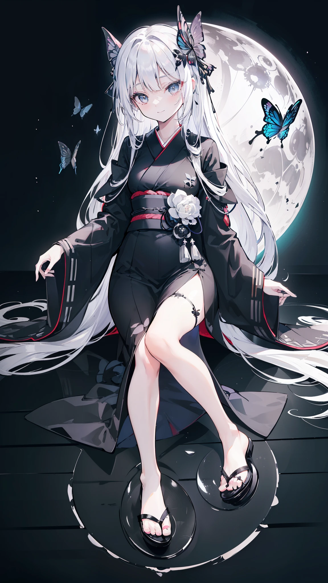 32k, perfect body, cute , cute smile, cute dress, long hair, white hair, black dress, ((black butterfly)), ((black butterfly hair ornament)), ((black butterfly shaped brooch)), ((black butterfly dress)), ((black ligth particle)), (((beautiful quality))), ((black kimono)), ((black Japanese clothing)), (((the floor is on the water))), ((full moon)),