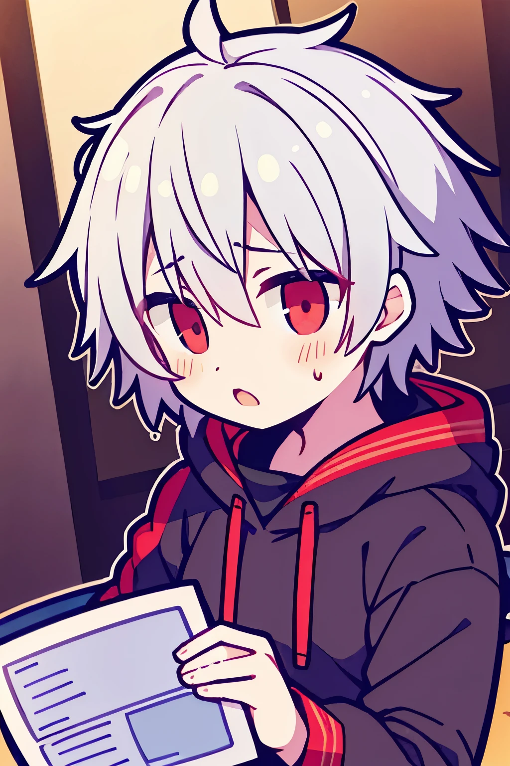 (one boy)、((young))、((短いgray hair))、gray hair、red eyes、red eyesの少年、messy hair、surprised expression、Sweat、blush