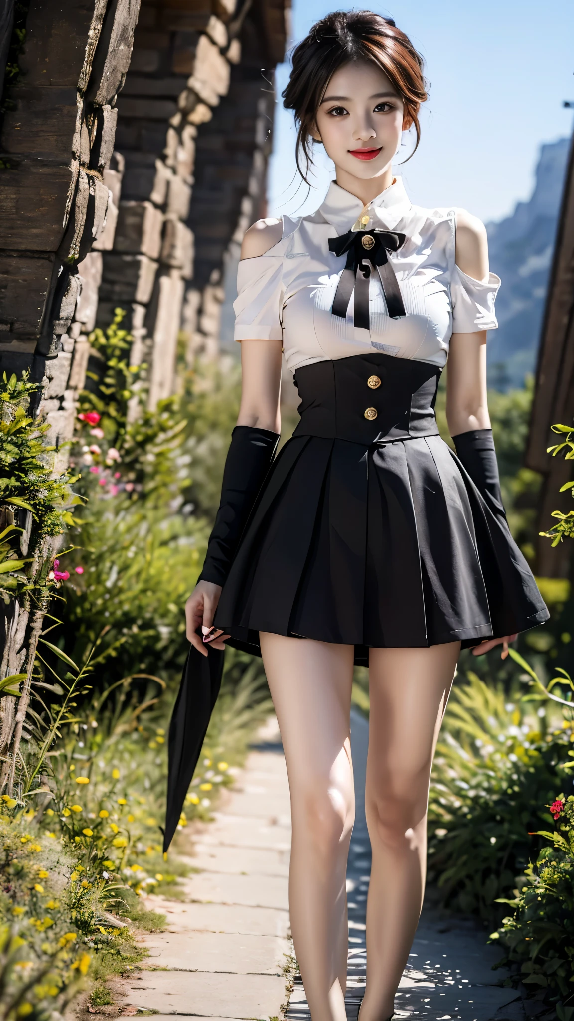 cyb skirt, cyb shirt, high-waist skirt, neck ribbon, ((gufeng,bare shoulders)), ((full body)), realistic, fashi-girl, red lips, mature female, makeup, Big eyes, Pretty eyes, ((full body)), ((from below)), (best quality, masterpiece:1.2), ultra-detailed, (realistic:1.37), ((Sexy long legs)), beautiful, youthful, glamorous model with (detailed eyes, detailed lips, extremely detailed eyes), showcasing a radiant smile, creating a breathtaking depiction of a girl, Warm tones, extremely high color saturation, official art, extremely detailed CG unified 8k wallpaper,(High dynamic range :1.4), (cinematic),(soft colors, dull colors, soothing tones :1.3), (natural skin texture, ultra-realistic, soft light, sharp),(very detailed), Night, moonlight, ((In the mountains, plants, leaning against the rocks))