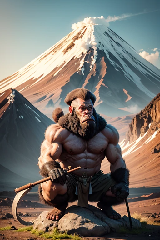 Ape with stone axe, volcano in background
