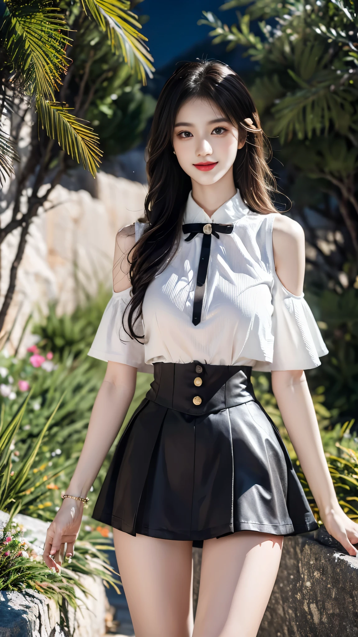 cyb skirt, cyb shirt, high-waist skirt, neck ribbon, ((gufeng,bare shoulders)), ((full body)), realistic, fashi-girl, red lips, mature female, makeup, Big eyes, Pretty eyes, ((full body)), ((from below)), (best quality, masterpiece:1.2), ultra-detailed, (realistic:1.37), ((Sexy long legs)), beautiful, youthful, glamorous model with (detailed eyes, detailed lips, extremely detailed eyes), showcasing a radiant smile, creating a breathtaking depiction of a girl, Warm tones, extremely high color saturation, official art, extremely detailed CG unified 8k wallpaper,(High dynamic range :1.4), (cinematic),(soft colors, dull colors, soothing tones :1.3), (natural skin texture, ultra-realistic, soft light, sharp),(very detailed), Night, moonlight, ((In the mountains, plants, leaning against the rocks))