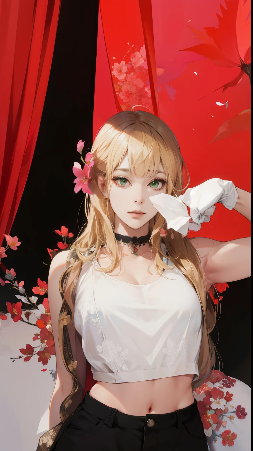 (absurdres, highres, ultra detailed), 1girl, mature female, wavy blonde hair, long hair, blunt bangs, green eyes, pink dress, finely detailed eyes and detailed face, extremely detailed CG unity 8k wallpaper, intricate details, BREAK , kaleidoscopic imagery, symmetrical patterns, vibrant colors, geometric shapes, mesmerizing designs, optical illusions, dynamic composition BREAK , pantomime art, expressive body language, silent storytelling, evocative gestures, visual narratives, theatrical performances BREAK , blooming flowers, colorful petals, fragrant scents, nature's bounty, vibrant gardens, peaceful scenery