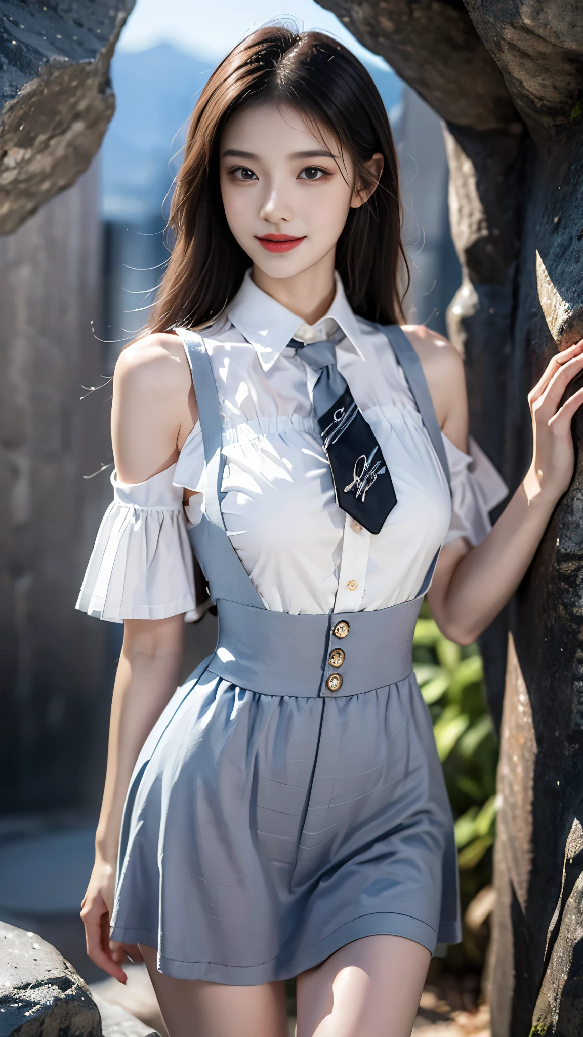 cyb dress, cyb shirt, cyb skirt, necktie, suspender skirt, suspenders, ((gufeng,bare shoulders)), ((full body)), realistic, fashi-girl, red lips, mature female, makeup, Big eyes, Pretty eyes, ((full body)), ((from below)), (best quality, masterpiece:1.2), ultra-detailed, (realistic:1.37), ((Sexy long legs)), beautiful, youthful, glamorous model with (detailed eyes, detailed lips, extremely detailed eyes), showcasing a radiant smile, creating a breathtaking depiction of a girl, Warm tones, extremely high color saturation, official art, extremely detailed CG unified 8k wallpaper,(High dynamic range :1.4), (cinematic),(soft colors, dull colors, soothing tones :1.3), (natural skin texture, ultra-realistic, soft light, sharp),(very detailed), Night, moonlight, ((In the mountains, plants, leaning against the rocks))