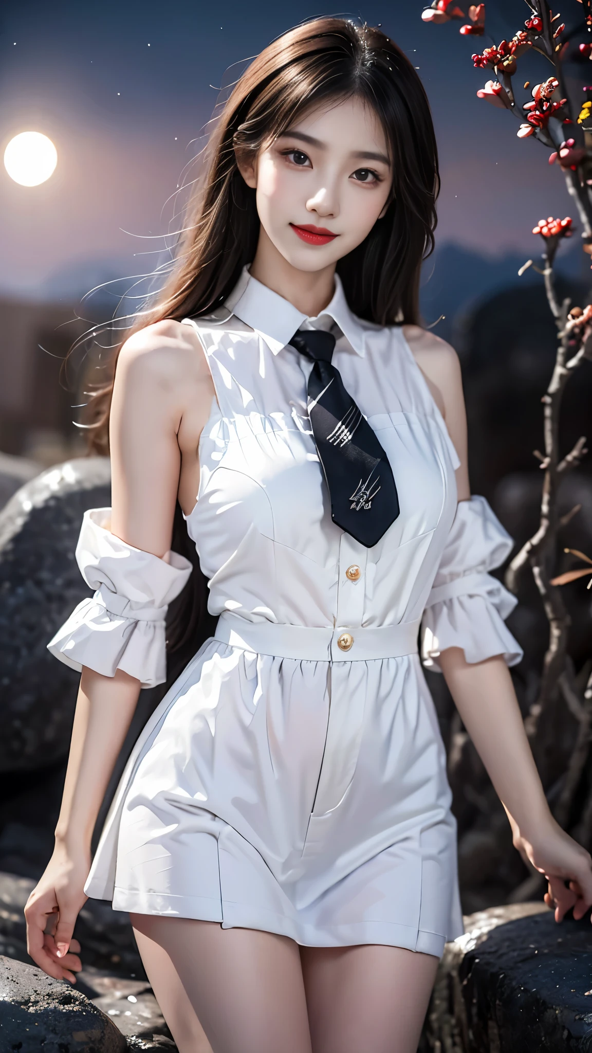 cyb dress, cyb shirt, cyb skirt, necktie, suspender skirt, suspenders, ((gufeng,bare shoulders)), ((full body)), realistic, fashi-girl, red lips, mature female, makeup, Big eyes, Pretty eyes, ((full body)), ((from below)), (best quality, masterpiece:1.2), ultra-detailed, (realistic:1.37), ((Sexy long legs)), beautiful, youthful, glamorous model with (detailed eyes, detailed lips, extremely detailed eyes), showcasing a radiant smile, creating a breathtaking depiction of a girl, Warm tones, extremely high color saturation, official art, extremely detailed CG unified 8k wallpaper,(High dynamic range :1.4), (cinematic),(soft colors, dull colors, soothing tones :1.3), (natural skin texture, ultra-realistic, soft light, sharp),(very detailed), Night, moonlight, ((In the mountains, plants, leaning against the rocks))