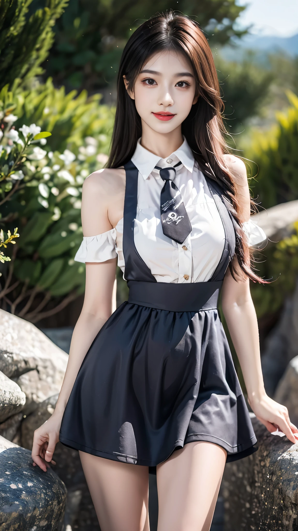 A Woman In A Black And White Dress Posing On A Rock - Seaart Ai