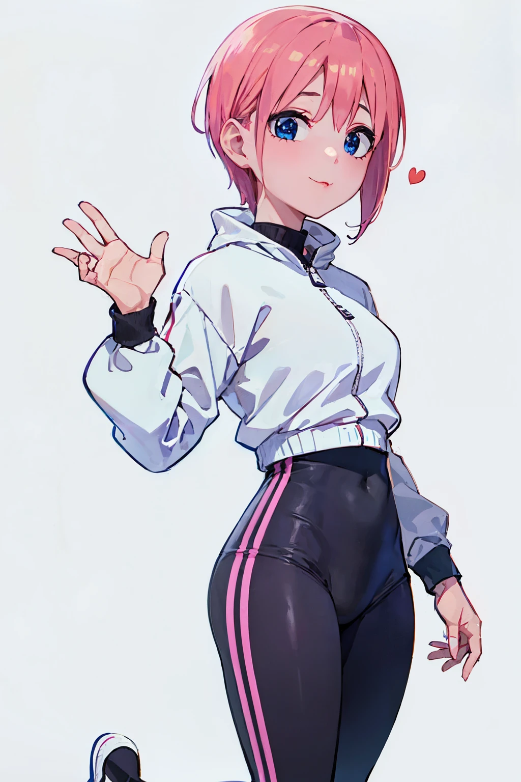 Sfw, pretty teenage girl with silky short pink hair, heart shaped lips and blue eyes making a cute face, aaichika, Nakano Ichika from The Quintessential Quintuplets, Ichika Nakano, masterpiece, 4k, ultradetailed, cowboy shot, nakano Ichika, pink hair, blue eyes, sparkling eyes, white minimal simple sporty outfit, white workout wear, long sleeved white gym zip sweatshirt, white yoga pants, sporty luxury outfit, minimal outfit, simple outfit, fitting clothes, tight fitting clothes, all white outfit, full body, dynamic pose, moving, dynamism