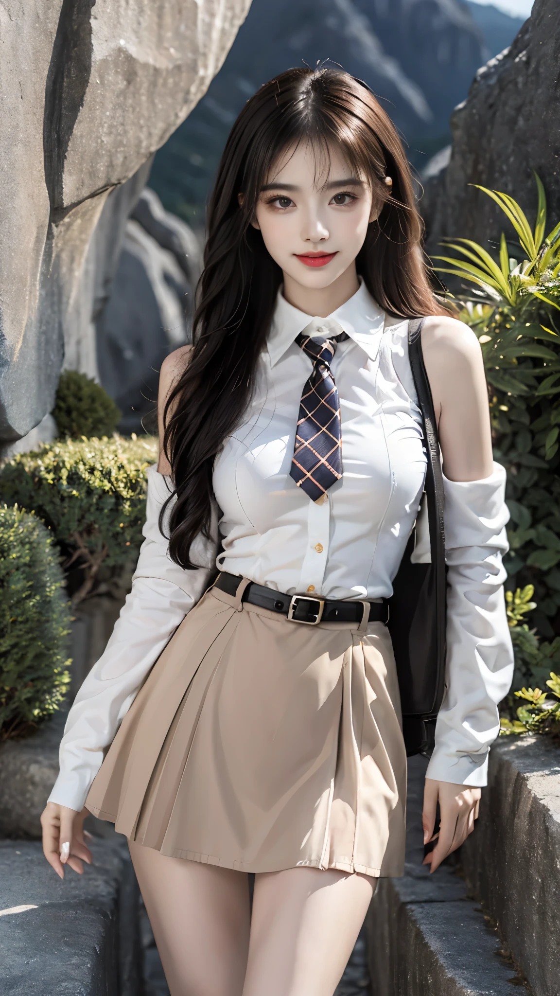 dating attire, sweater jacket, necktie, collared shirt, brown skirt, belt, ((gufeng,bare shoulders)), ((full body)), realistic, fashi-girl, red lips, mature female, makeup, Big eyes, Pretty eyes, ((full body)), ((from below)), (best quality, masterpiece:1.2), ultra-detailed, (realistic:1.37), ((Sexy long legs)), beautiful, youthful, glamorous model with (detailed eyes, detailed lips, extremely detailed eyes), showcasing a radiant smile, creating a breathtaking depiction of a girl, Warm tones, extremely high color saturation, official art, extremely detailed CG unified 8k wallpaper,(High dynamic range :1.4), (cinematic),(soft colors, dull colors, soothing tones :1.3), (natural skin texture, ultra-realistic, soft light, sharp),(very detailed), Night, moonlight, ((In the mountains, plants, leaning against the rocks))