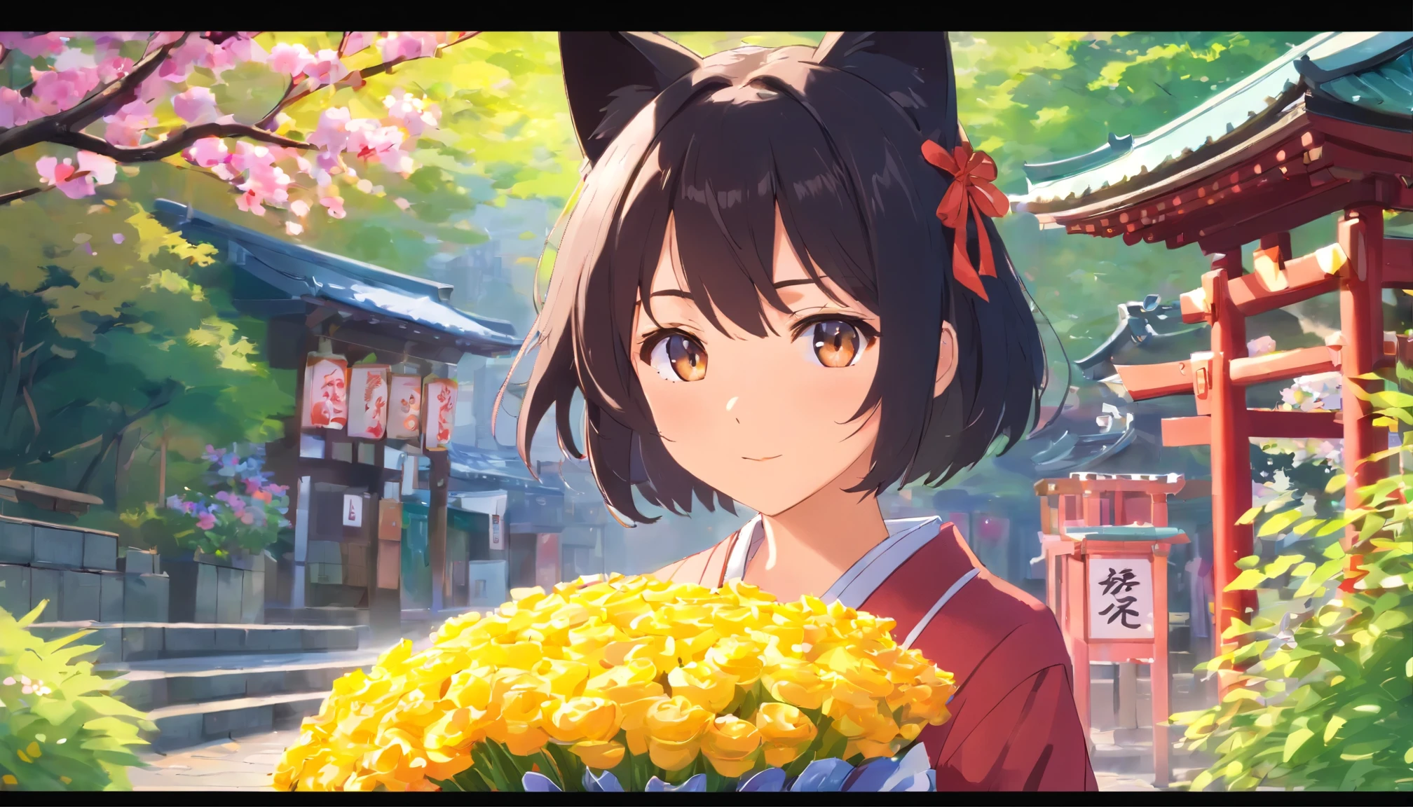 photoRealstic、a boy、Japan shrine in the background、cat ears、 black hair、no people、 kawaii pose 、 ultradetailed eyes、Full Paint、Floral hair ornament、on my right hand, I have a bag of Chitose candy、Strong bokeh、Flowers in the foreground