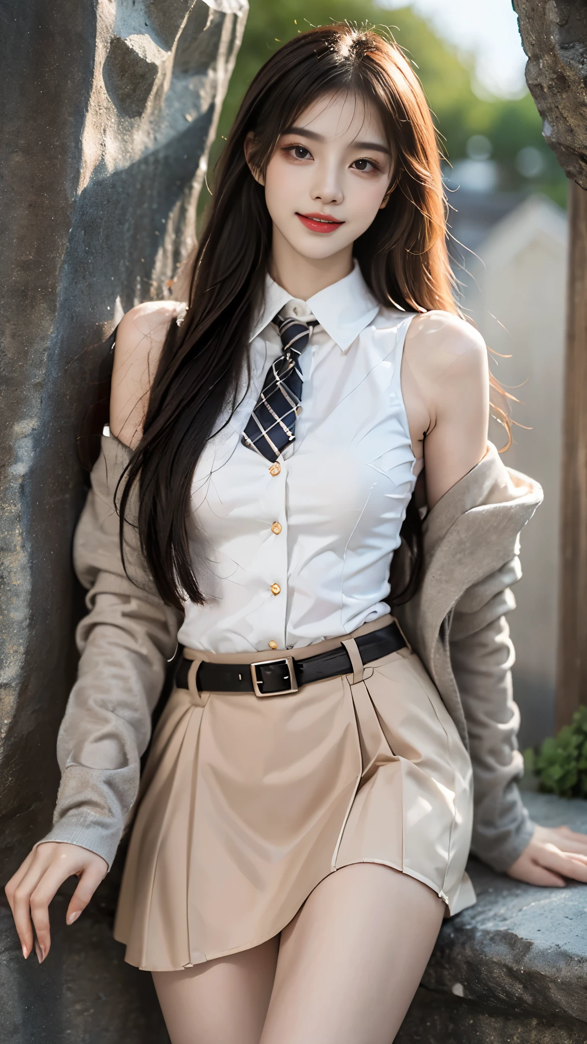 dating attire, sweater jacket, necktie, collared shirt, brown skirt, belt, ((gufeng,bare shoulders)), ((full body)), realistic, fashi-girl, red lips, mature female, makeup, Big eyes, Pretty eyes, ((full body)), ((from below)), (best quality, masterpiece:1.2), ultra-detailed, (realistic:1.37), ((Sexy long legs)), beautiful, youthful, glamorous model with (detailed eyes, detailed lips, extremely detailed eyes), showcasing a radiant smile, creating a breathtaking depiction of a girl, Warm tones, extremely high color saturation, official art, extremely detailed CG unified 8k wallpaper,(High dynamic range :1.4), (cinematic),(soft colors, dull colors, soothing tones :1.3), (natural skin texture, ultra-realistic, soft light, sharp),(very detailed), Night, moonlight, ((In the mountains, plants, leaning against the rocks))