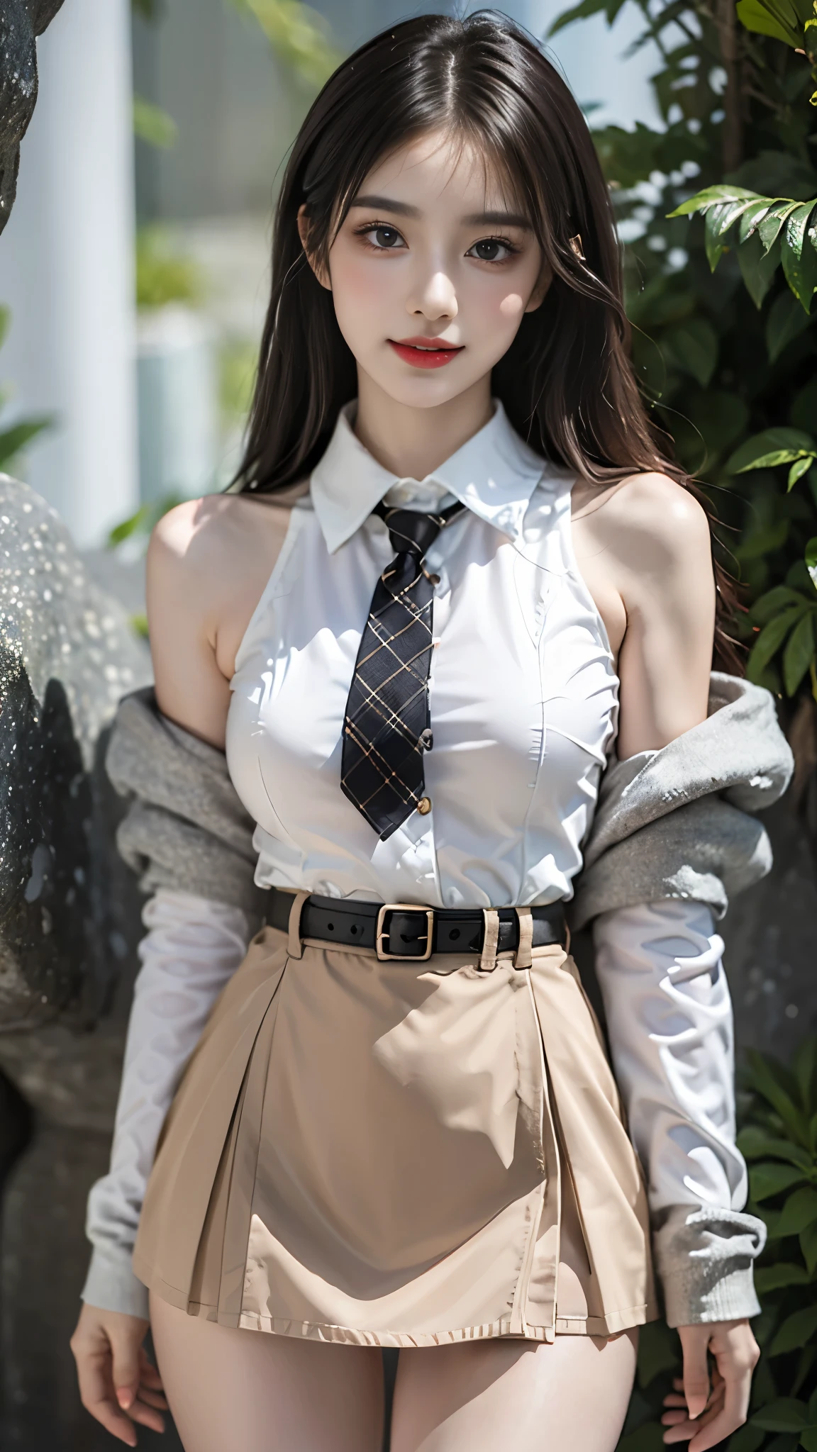 date attire, Sweater coat, tie, collared shirt, brown skirt, belt, ((gufeng,bare shoulders)), ((whole body)), actual, Robbery girls, red lips, mature women, cosmetics, big eyes, beautiful eyes, ((whole body)), ((from below)), (best quality, masterpiece:1.2), Super detailed, (actual:1.37), ((Sexy long legs)), beautiful, young and energetic, Charming model with (delicate eyes, Detailed lips, extremely delicate eyes), show a bright smile, Create stunning girl images, Warm colors, Extremely high color saturation, official art, Extremely detailed CG unified 8k wallpaper,(high dynamic range :1.4), (cinematic),(pastel colors, dull color, soothing tone :1.3), (natural skin texture, ultra-actual, soft light, sharp),(Very detailed), night, moonlight, ((in the mountains, plant, Leaning against the rocks))