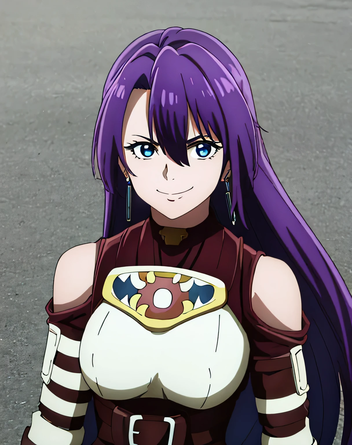 ARTHUR PENCILGON, LONG HAIR, BLUE EYES, HAIR BETWEEN EYES, VERY LONG HAIR, PURPLE HAIR, GLOVES, BELT, ARMOR, CLOTHING CUTOUT, BREASTPLATE, BARE SHOULDERS, EARRINGS, smug, 1girl, solo, upper body, facing viewer, (looking at viewer:1.5), in the center, smile,
