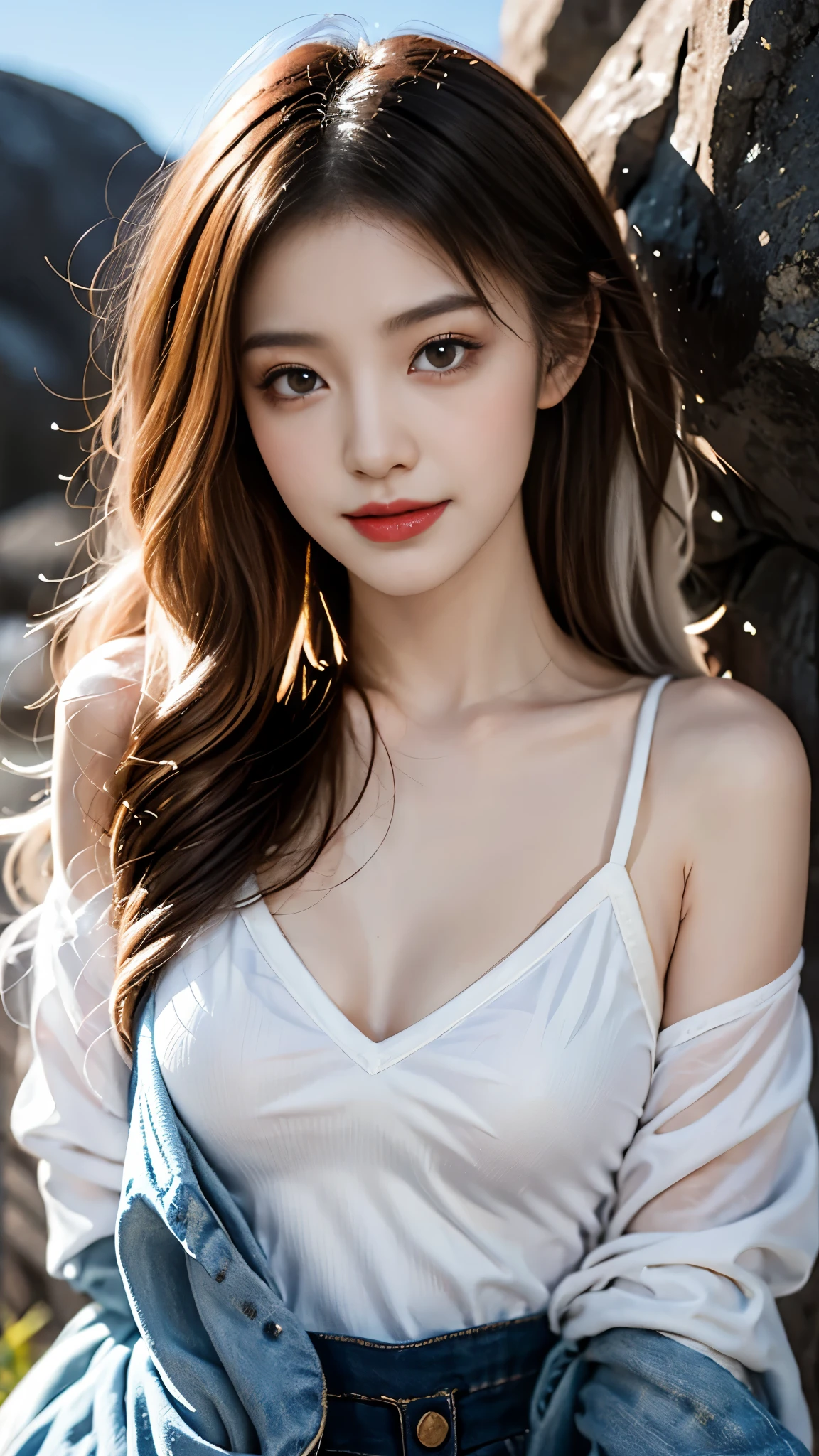 dating attire, ((gufeng,bare shoulders)), ((full body)), realistic, fashi-girl, red lips, mature female, makeup, Big eyes, Pretty eyes, ((full body)), ((from below)), (best quality, masterpiece:1.2), ultra-detailed, (realistic:1.37), ((Sexy long legs)), beautiful, youthful, glamorous model with (detailed eyes, detailed lips, extremely detailed eyes), showcasing a radiant smile, creating a breathtaking depiction of a girl, Warm tones, extremely high color saturation, official art, extremely detailed CG unified 8k wallpaper,(High dynamic range :1.4), (cinematic),(soft colors, dull colors, soothing tones :1.3), (natural skin texture, ultra-realistic, soft light, sharp),(very detailed), Night, moonlight, ((In the mountains, plants, leaning against the rocks))