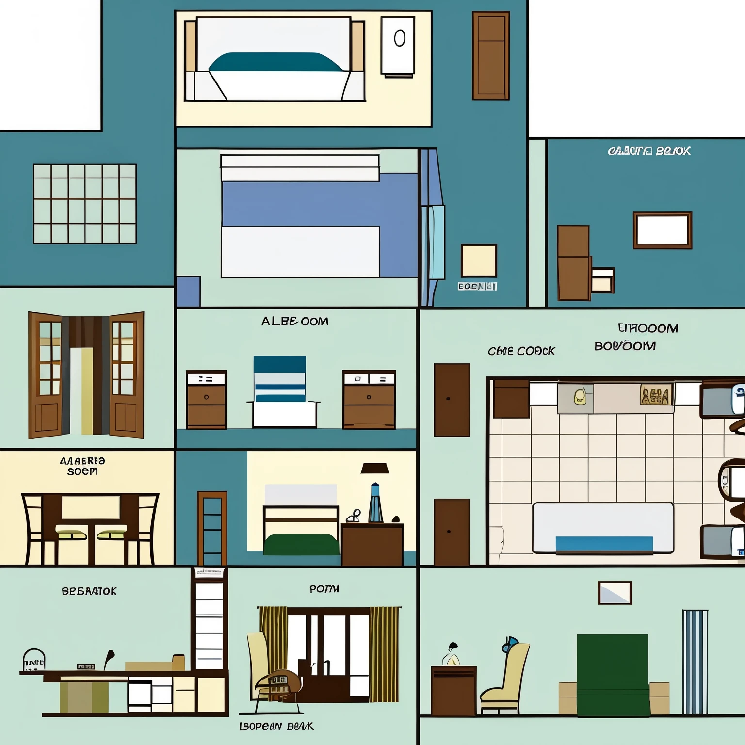 Create a visual diagram of a room layout with different sections labeled, such as bed, bathroom, windows and floor. Each section should have a checklist of task to be performed, like making the bed, cleaning the sink, and vacuuming the floor.