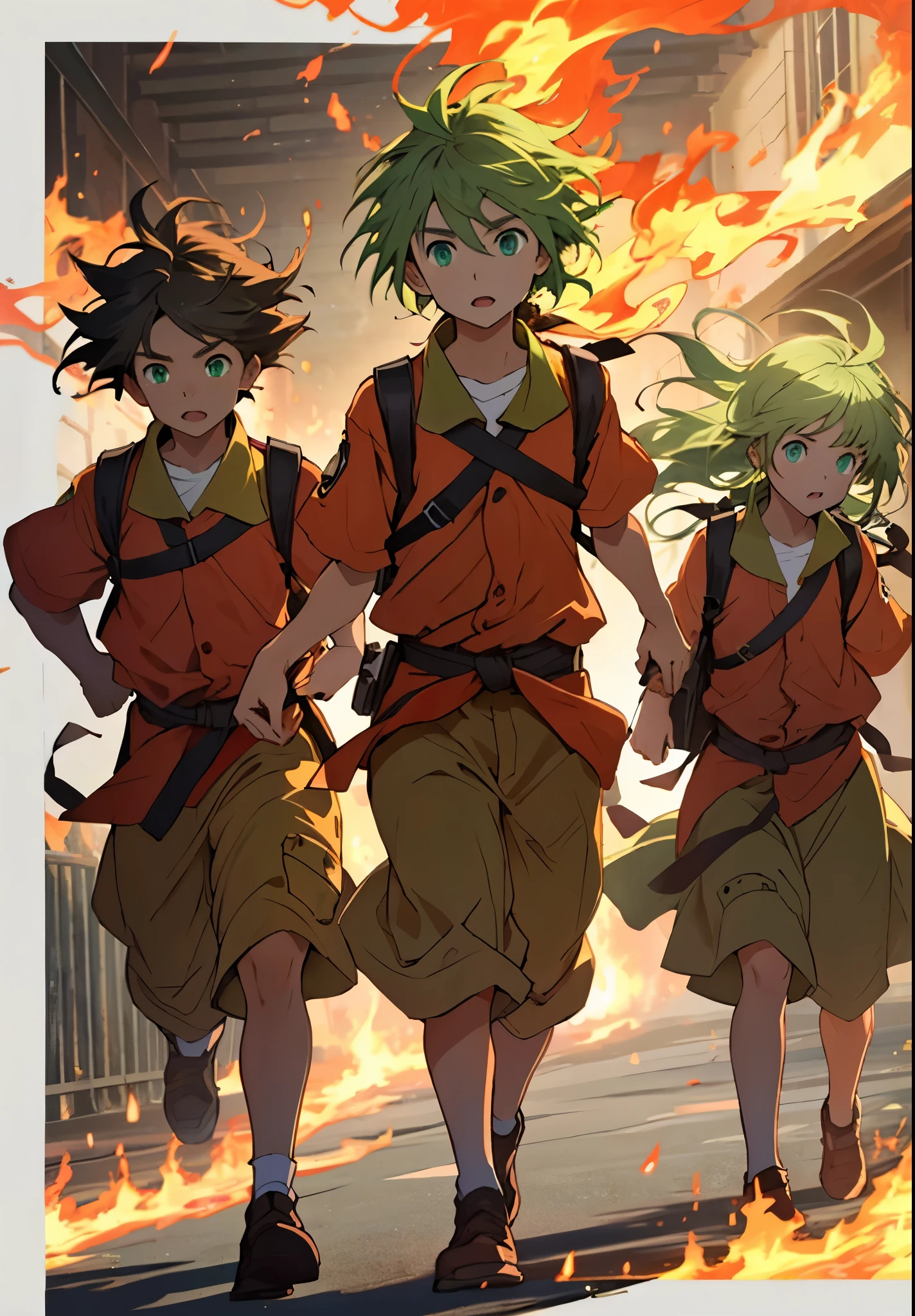 a group of escape the flames their hair is green green eyes