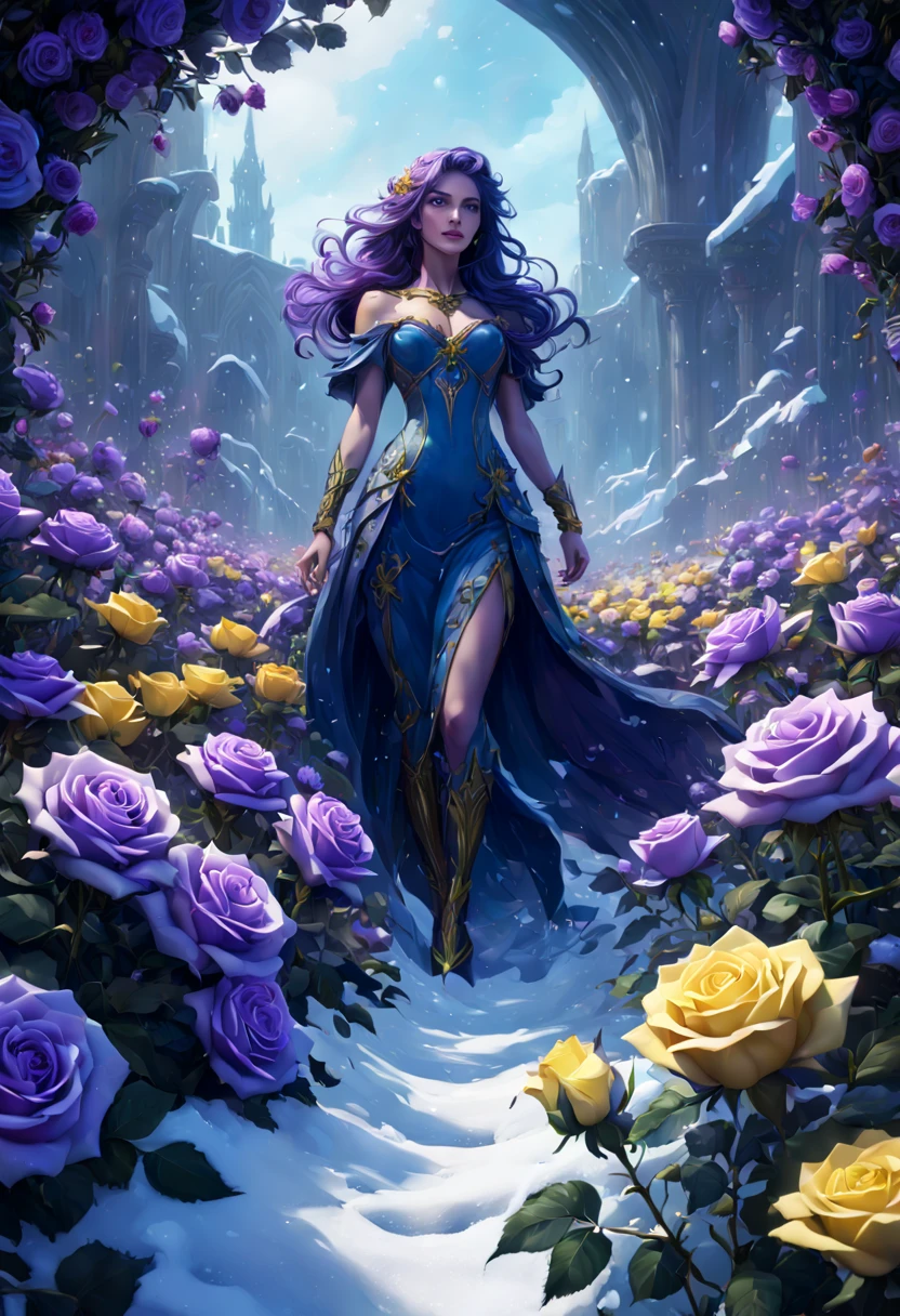 sea of flowers, aesthetic, blue rose blooming in a snowfield a masterpiece, 8k resolution, dark fantasy concept art, by Greg Rutkowski, dynamic lighting, hyperdetailed, intricately detailed, Splash screen art, trending on Artstation, deep color, Unreal Engine, volumetric lighting, Alphonse Mucha, Jordan Grimmer, purple and yellow complementary colours