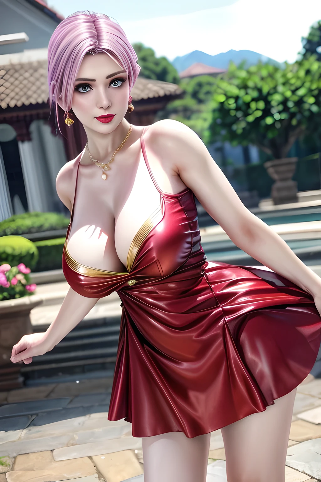 1 girl,Alice,(luxury dress:1.4), jewelry,Outdoor activities,  (standing posture),grace,(((red lips))), Lips slightly open,  clavicle,Lactation,(huge breasts:1.3),skin shiny,((8k, original photo, top quality, masterpiece), HD RAW color photos professional close-up photos, (actual, photorealism: 1.37), (best quality),8k,Fabric luster,alone,