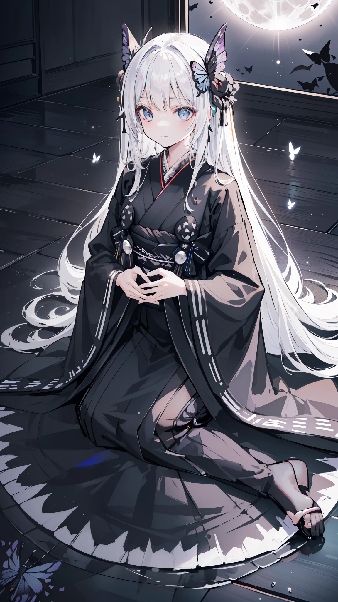 32k, perfect body, cute , cute smile, cute dress, long hair, white hair, black dress, ((black butterfly)), ((black butterfly hair ornament)), ((black butterfly shaped brooch)), ((black butterfly dress)), ((black ligth particle)), (((beautiful quality))), ((black kimono)), ((black Japanese clothing)), (((the floor is on the water))), ((full moon)), 