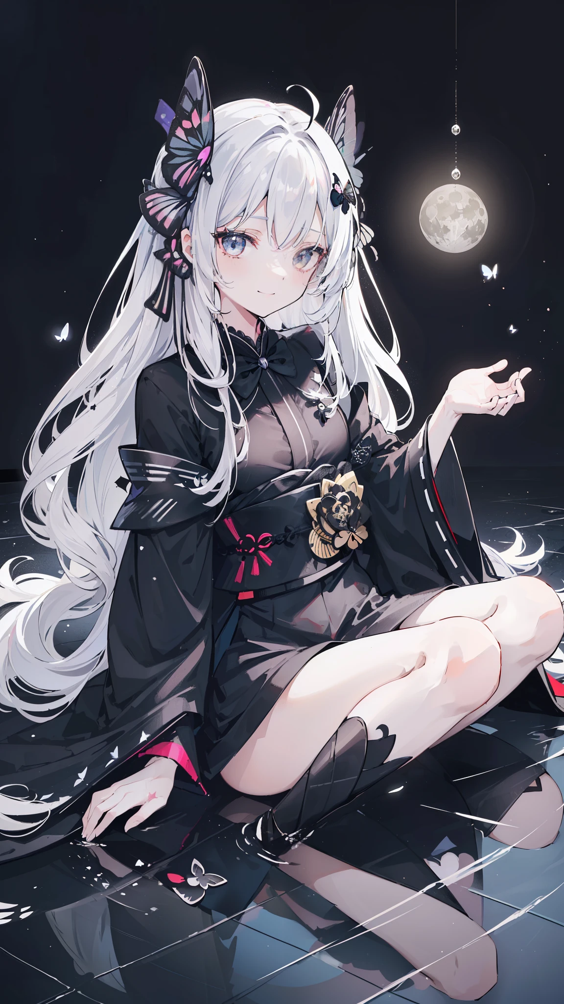 32k, perfect body, cute , cute smile, cute dress, long hair, white hair, black dress, ((black butterfly)), ((black butterfly hair ornament)), ((black butterfly shaped brooch)), ((black butterfly dress)), ((black ligth particle)), (((beautiful quality))), ((black kimono)), ((black Japanese clothing)), (((the floor is on the water))), ((full moon)), 