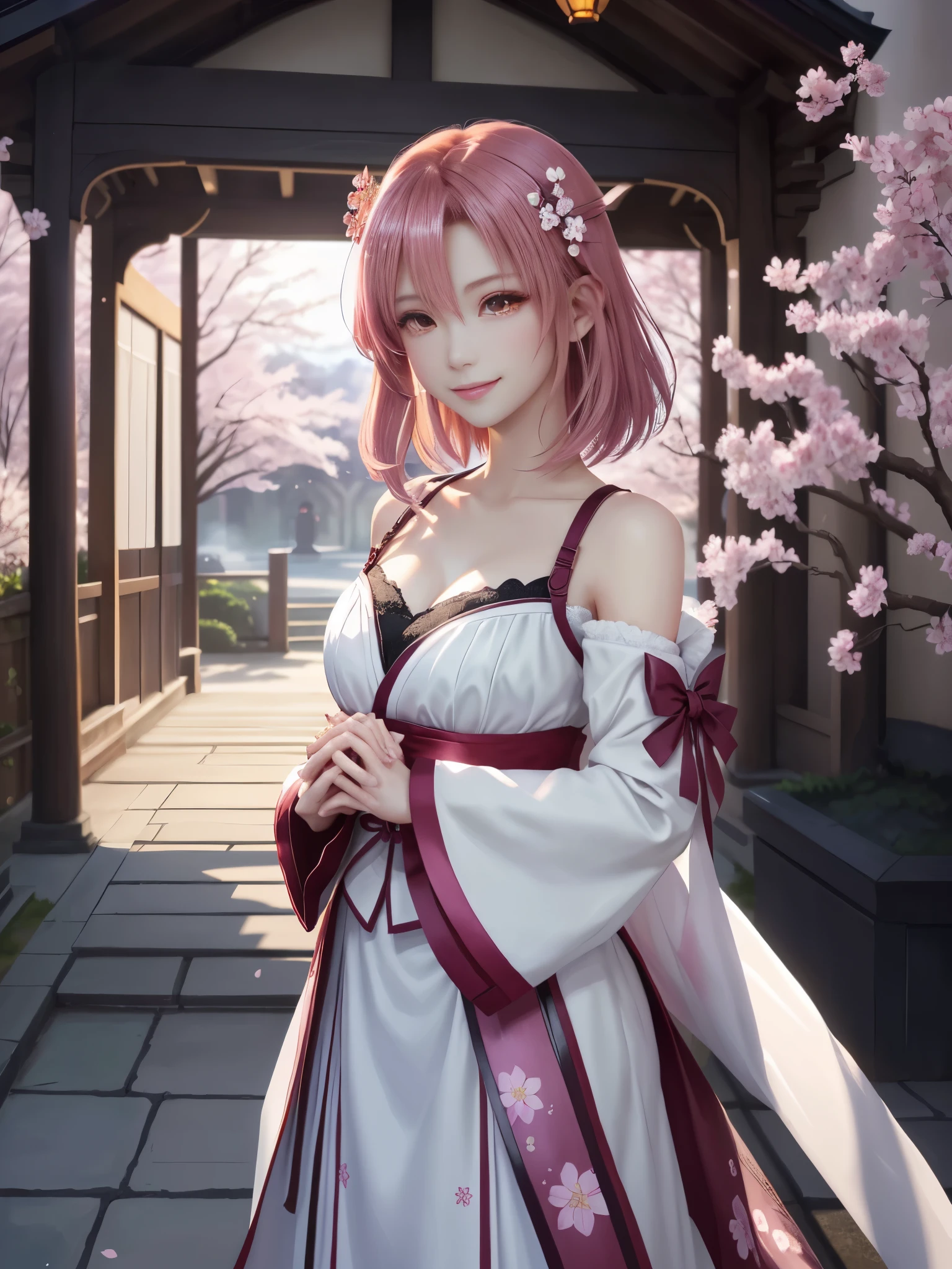 masterpiece , best quality,smile,smile,small face,shoulder exposure,some cleavage exposure,bright pink hair,slender body shape,brown eyes,sharp contrast,short hair,Beautiful short hair,short cut hair,just one person,precision quality,Faithfully reproduced eyes, 一面に咲くcherry blossom background,snow scene,masterpiece, 幻想的なcherry blossom background,night,nightの背景,cherry blossom background,beautiful details, colorful, delicate details, delicate lips, intricate details, genuine, ultrargenuineista, 枝に座っている色とりどりの髪のFoxを持つ女の子:Mature, bright eyes, ,色とりどりのFox, raposa de nine tails, 三尾Fox, 三尾Fox, onmyoji detail art, beautiful fine art illustration, mythical creatures, Fox, beautiful digital art,shrine maiden,hold hands,exquisite digital illustration, mizutsune, Inspired by mythical wild web creatures, pixiv in digital art, shining light, high contrast, Mysterious,